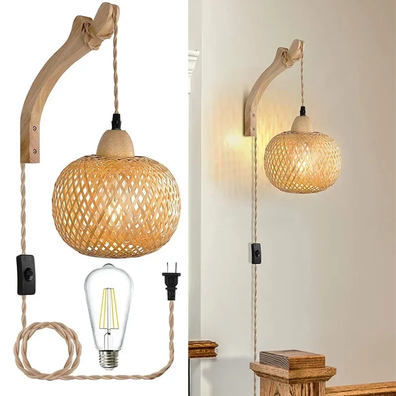 Bamboo Lantern Wall Lamp Natural Rattan Wicker E27 Chandeliers Hand-Woven Bamboo Room Decor Lampshades Wall Light Fixtures - Image 9