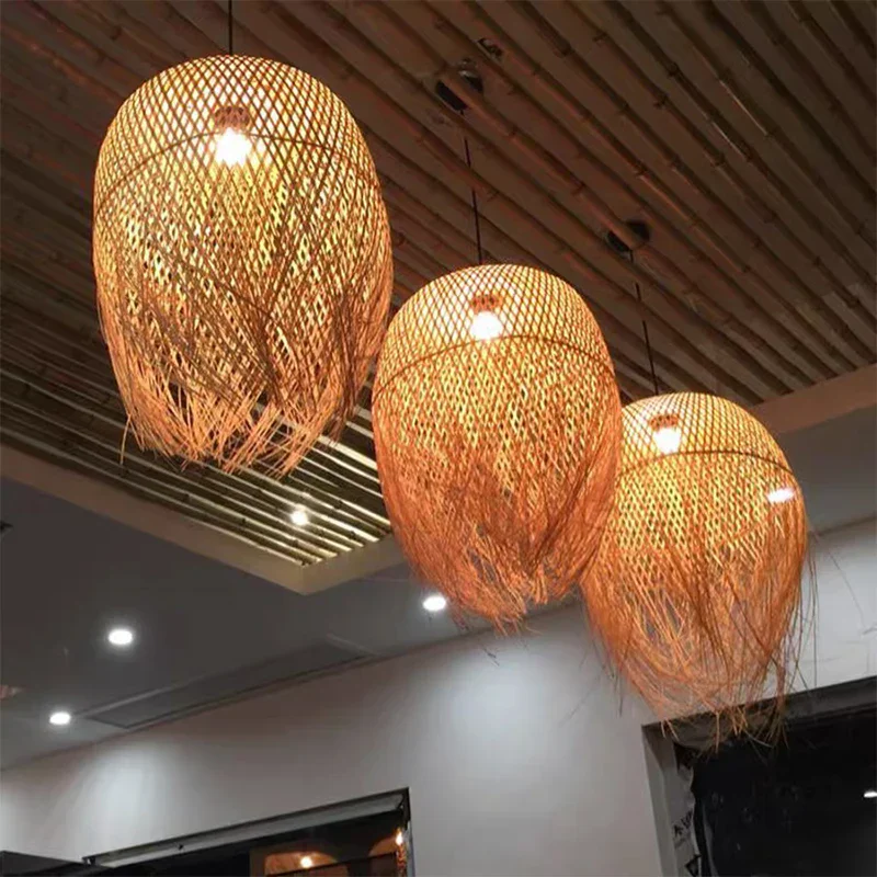 Bamboo Woven Pendant Light Handwoven Chandelier E27 Restaurant Home Decor - Image 4