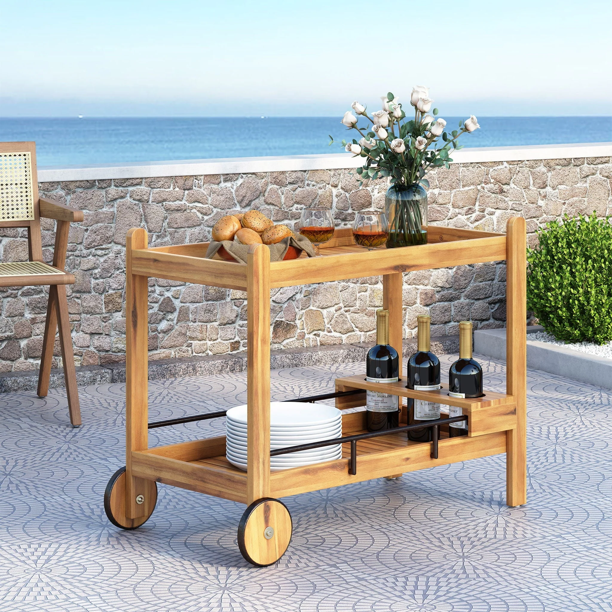 Bar Cart With Wine Bottle Holders, - Black - Image 2