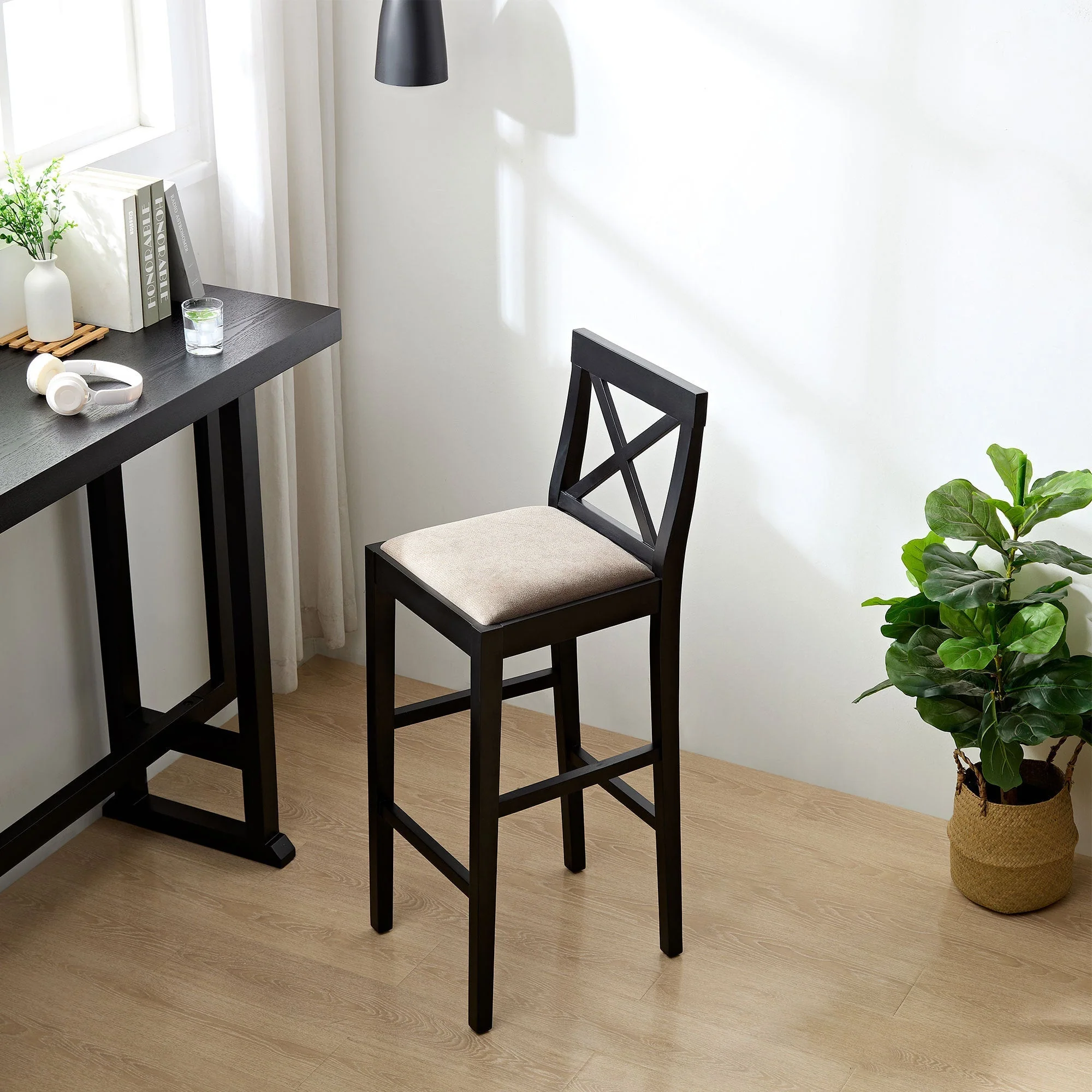 Bar Chair Counter Height Stool with Backrest Black Set of 2 - Image 11