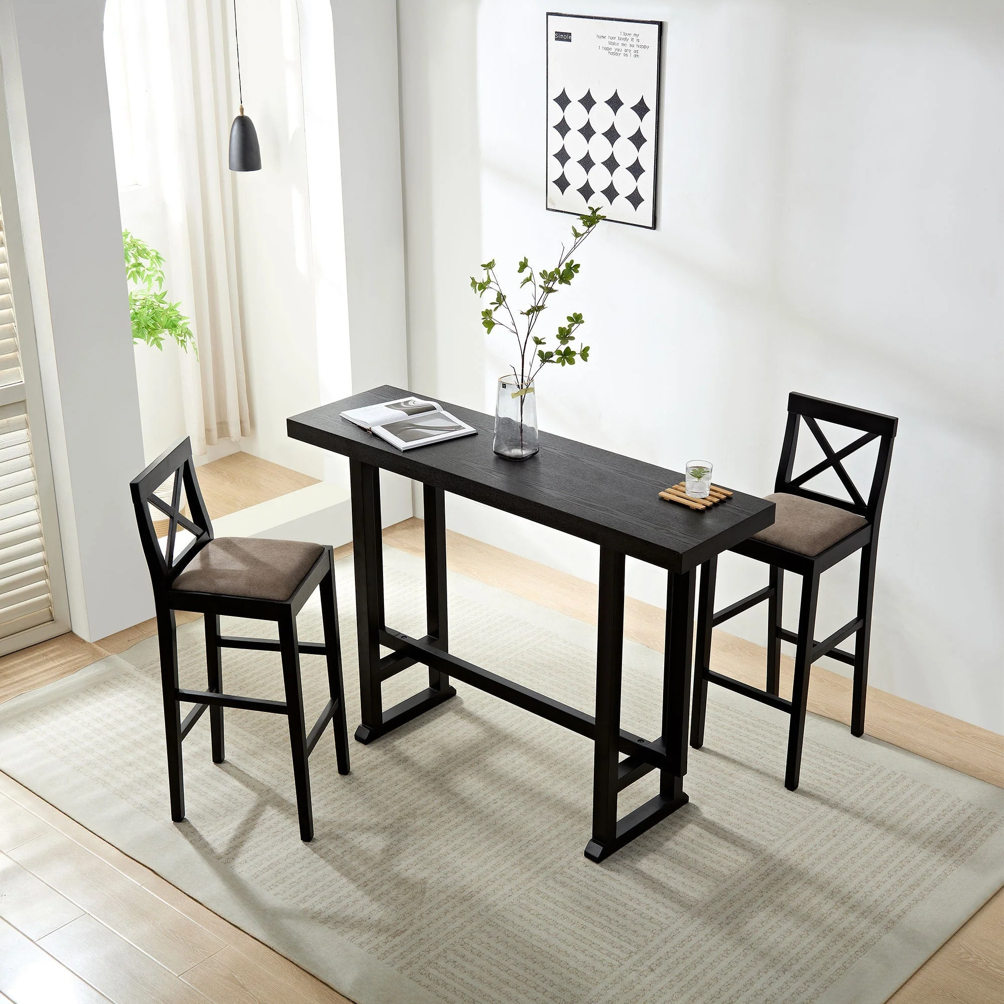 Bar Chair Counter Height Stool with Backrest Black Set of 2 - Image 4