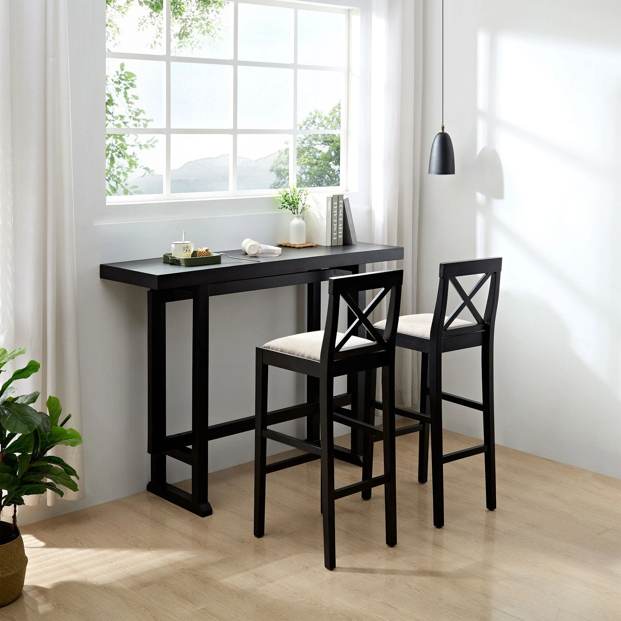 Bar Chair Counter Height Stool with Backrest Black Set of 2 - Image 7