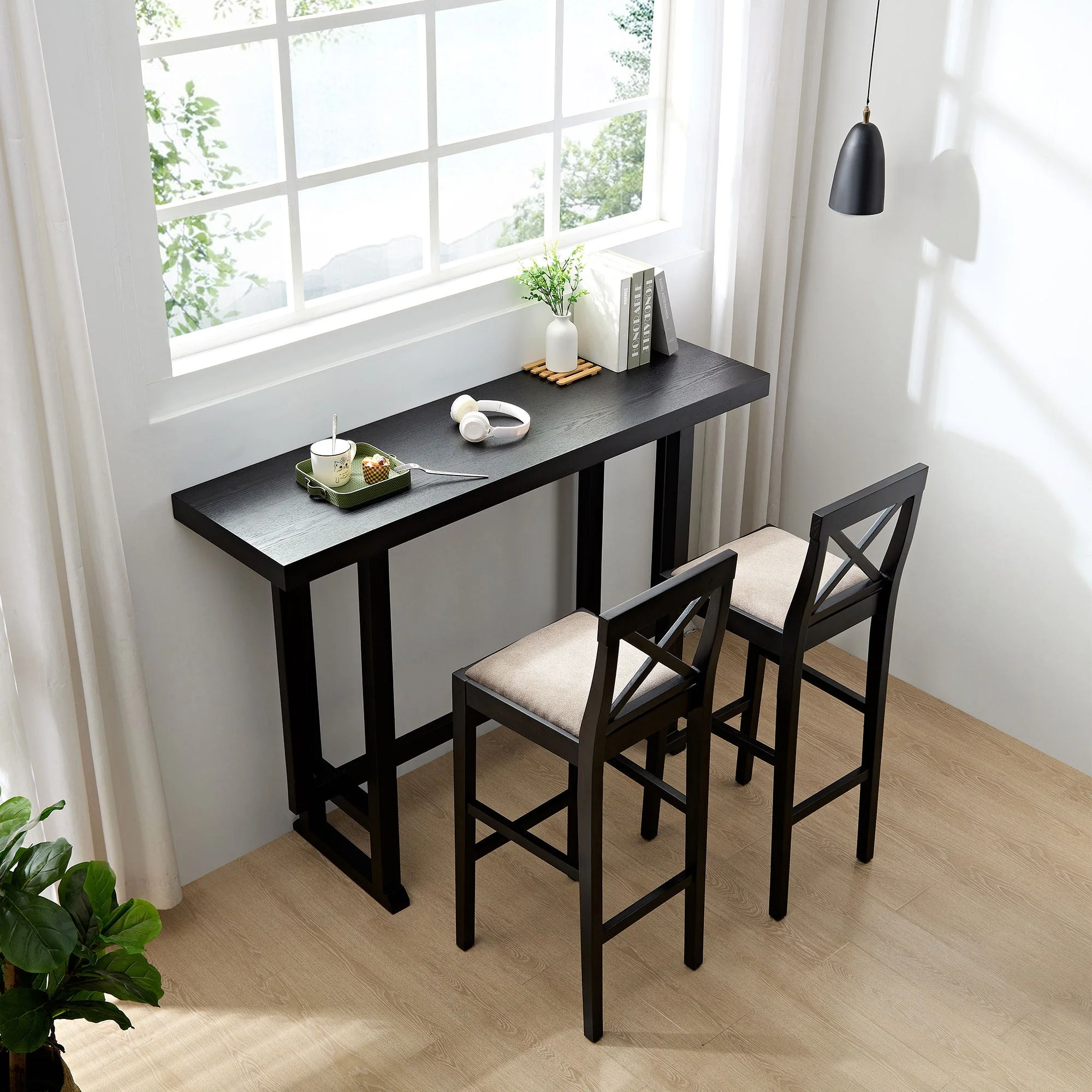 Bar Chair Counter Height Stool with Backrest Black Set of 2 - Image 8