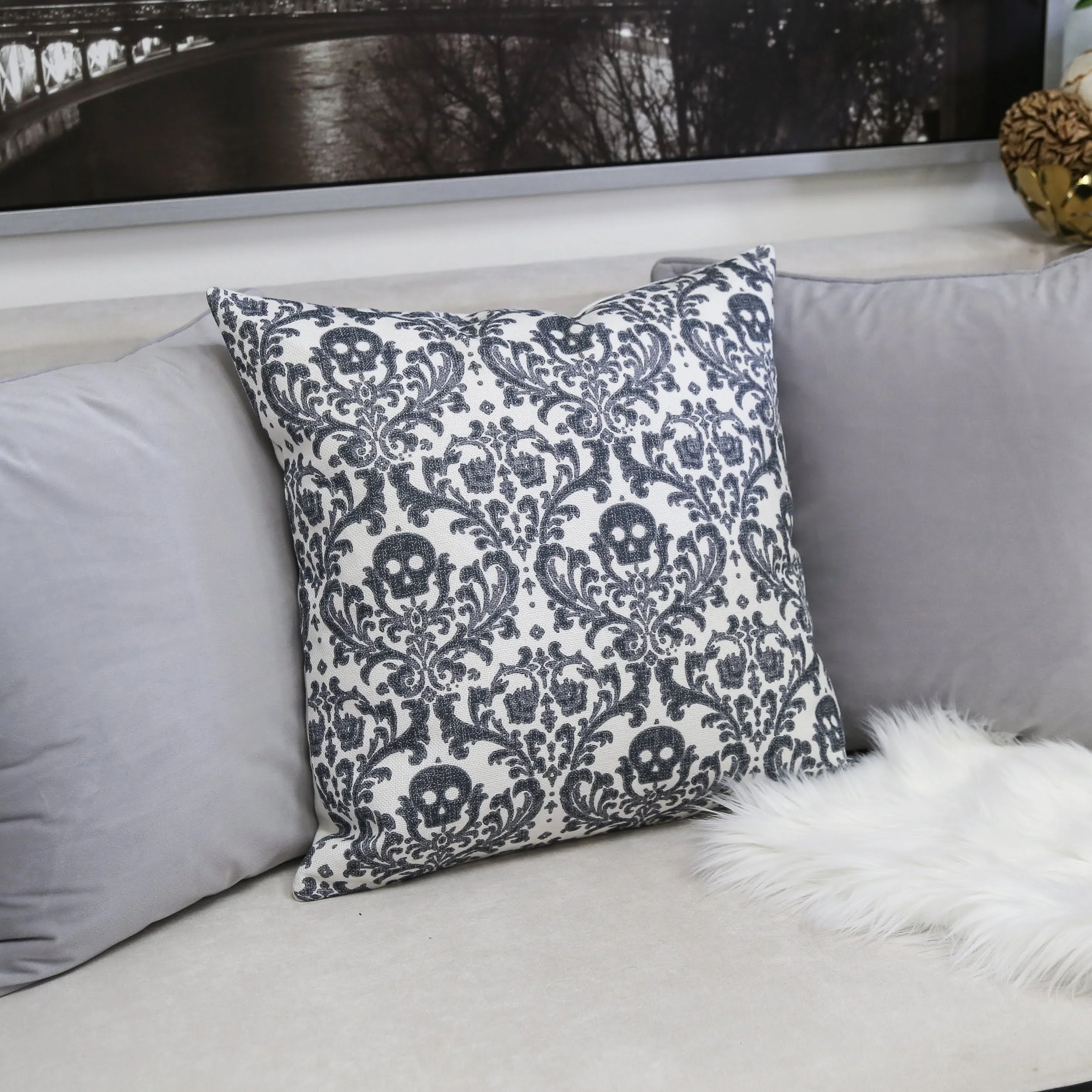 Baroque Skull Damask Accent Pillow – Black & White Day of the Dead Accent Cushion - Image 2