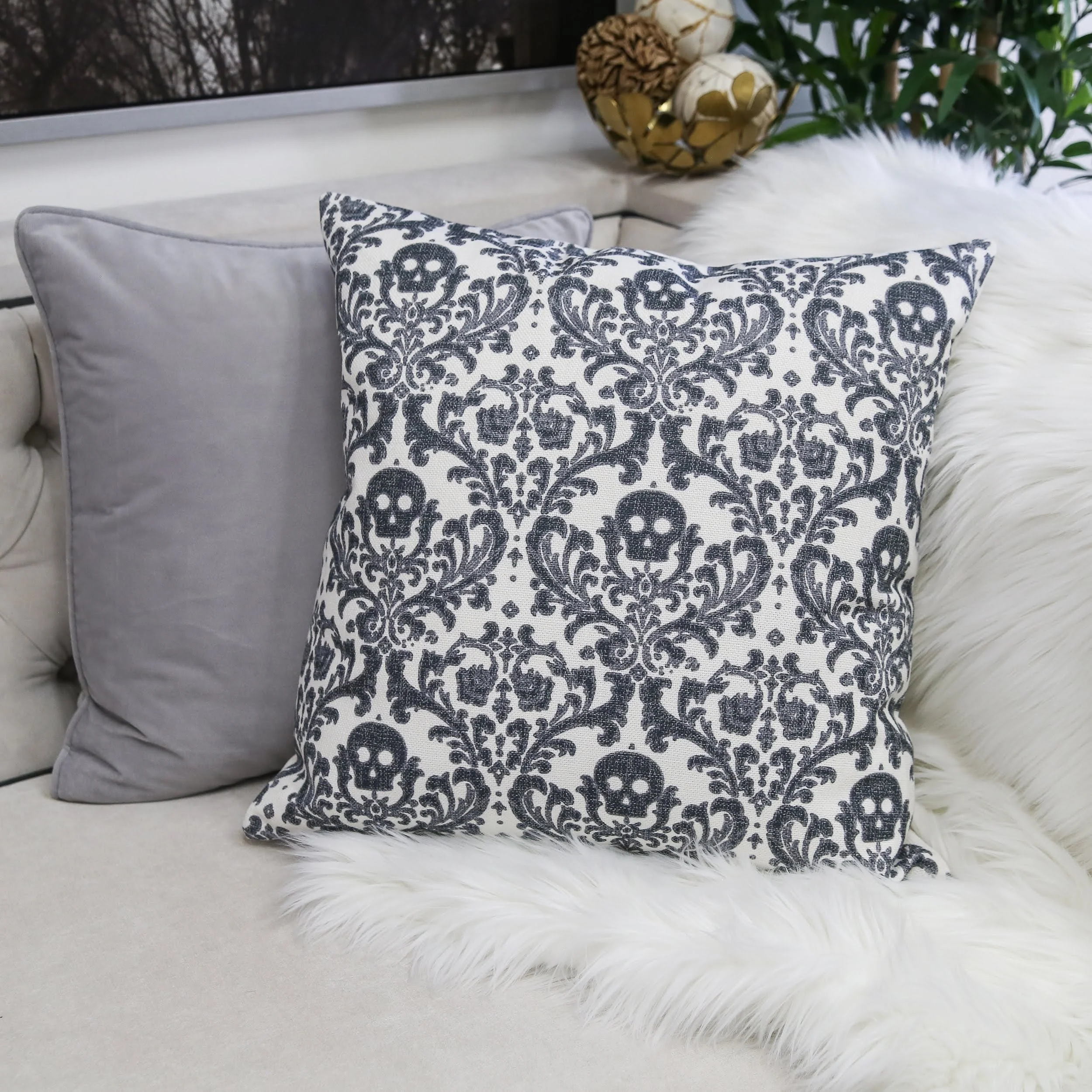 Baroque Skull Damask Accent Pillow – Black & White Day of the Dead Accent Cushion - Image 6