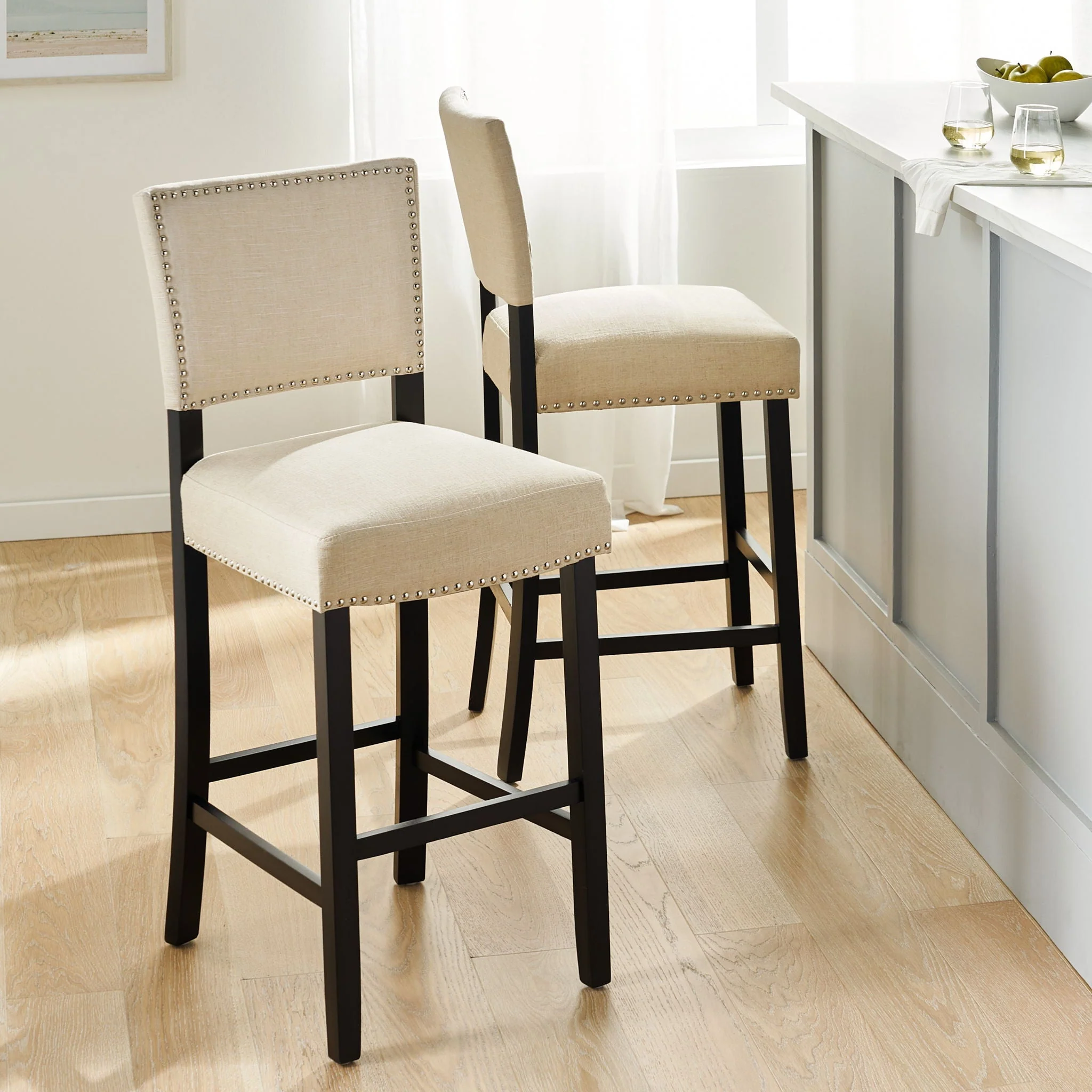 Barstools With Rivet Decoration (Set of 2), Wood Frame, Bar Chairs For Kitchen Island - Beige - Image 2