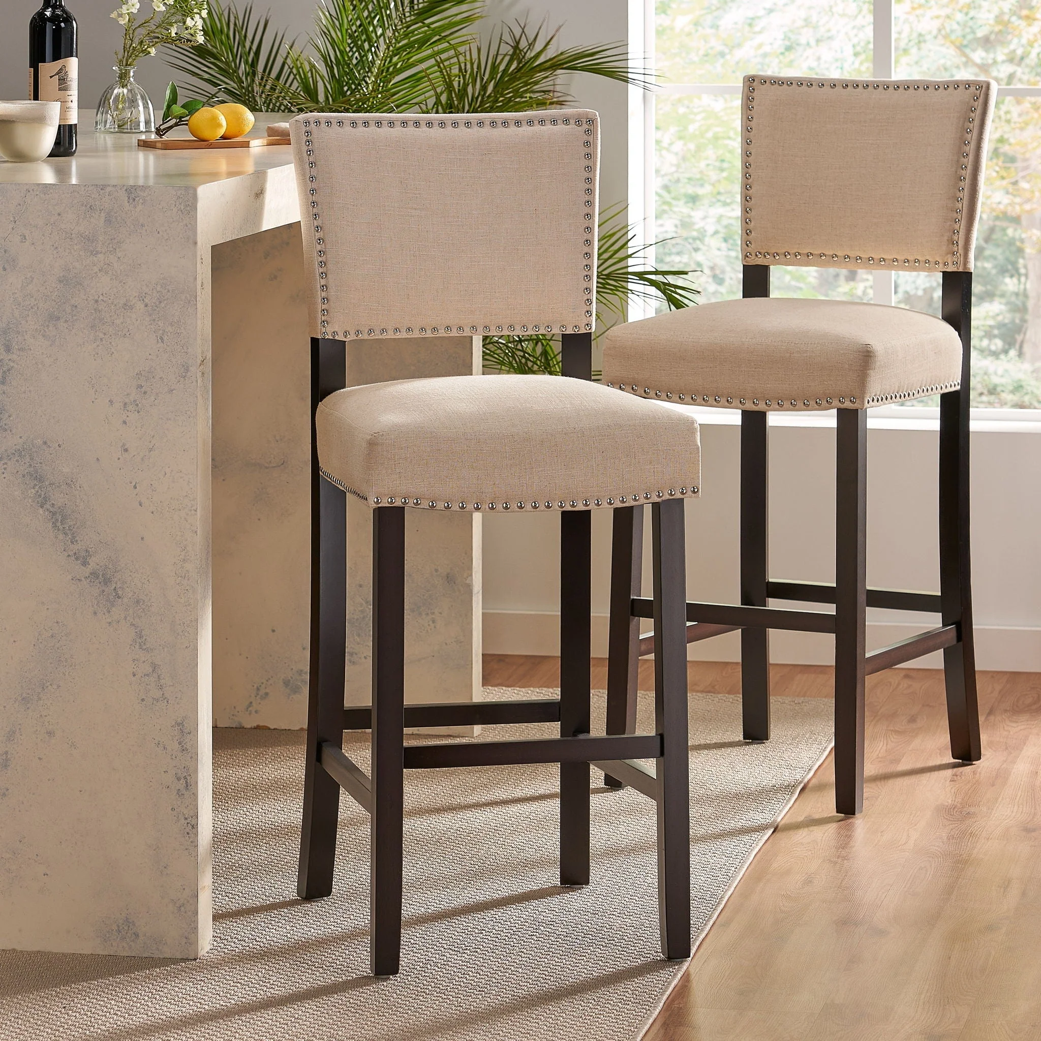 Barstools With Rivet Decoration (Set of 2), Wood Frame, Bar Chairs For Kitchen Island - Beige - Image 3