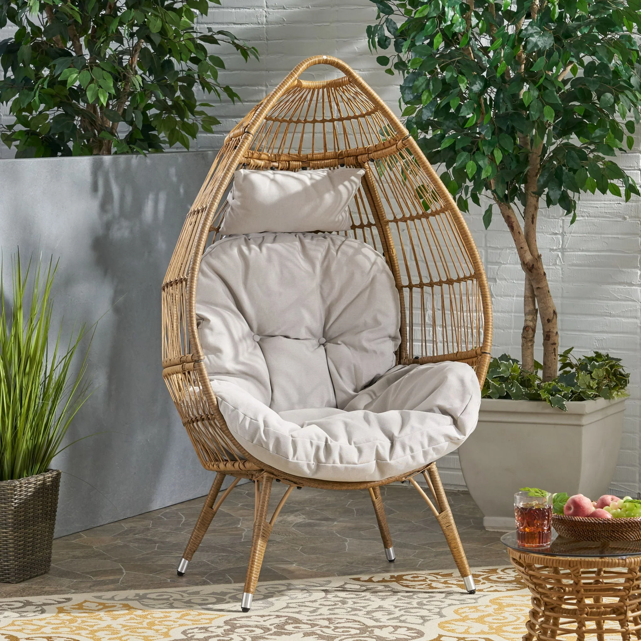 Basket Chair with Teardrop Shape and Water Resistant Cushion - Natural - Image 3