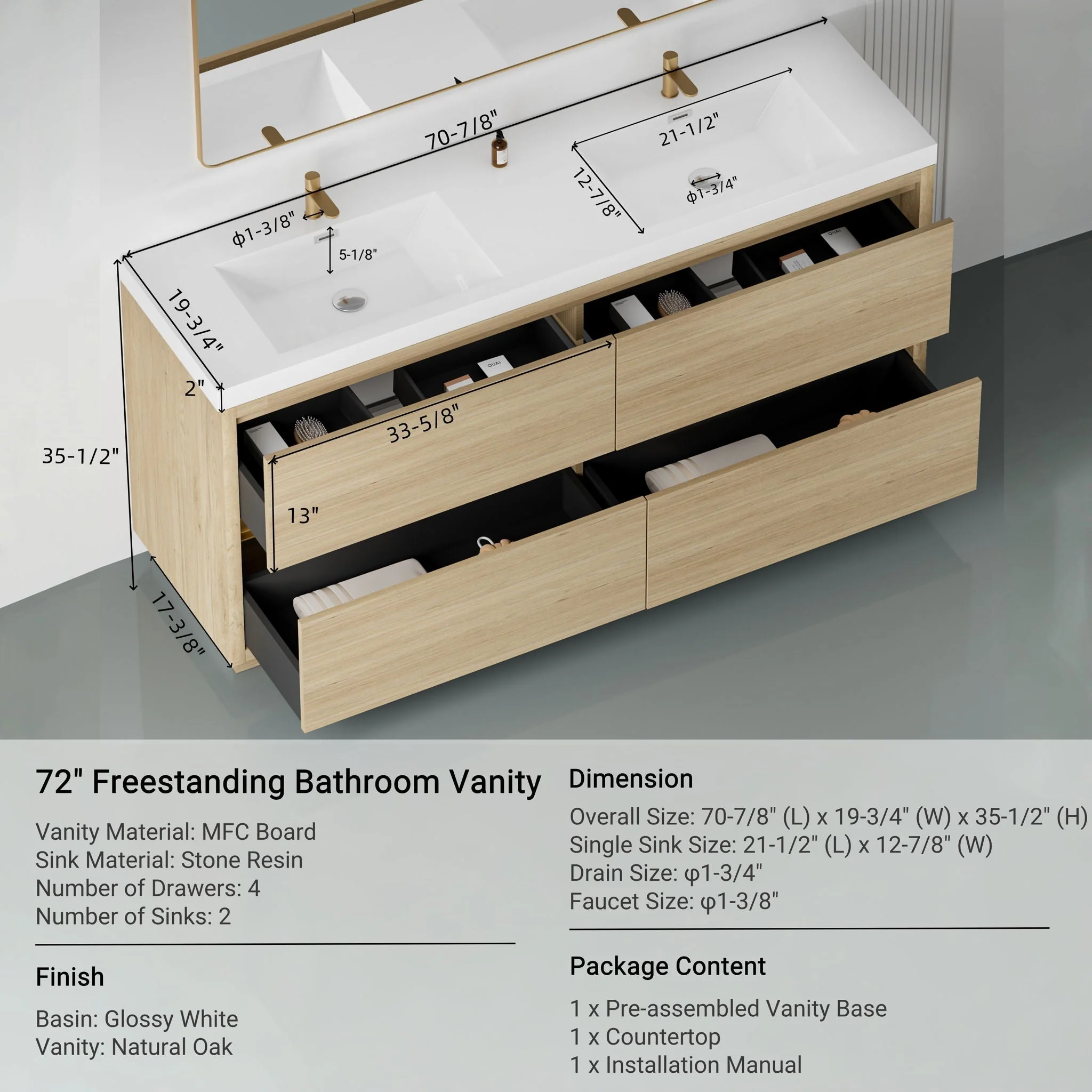 Bathin Freestanding Bathroom Vanity With Double Sinks, Bathroom Storage Vanity Cabinet With Stone Resin Countertop And Soft Close Drawers - Image 10