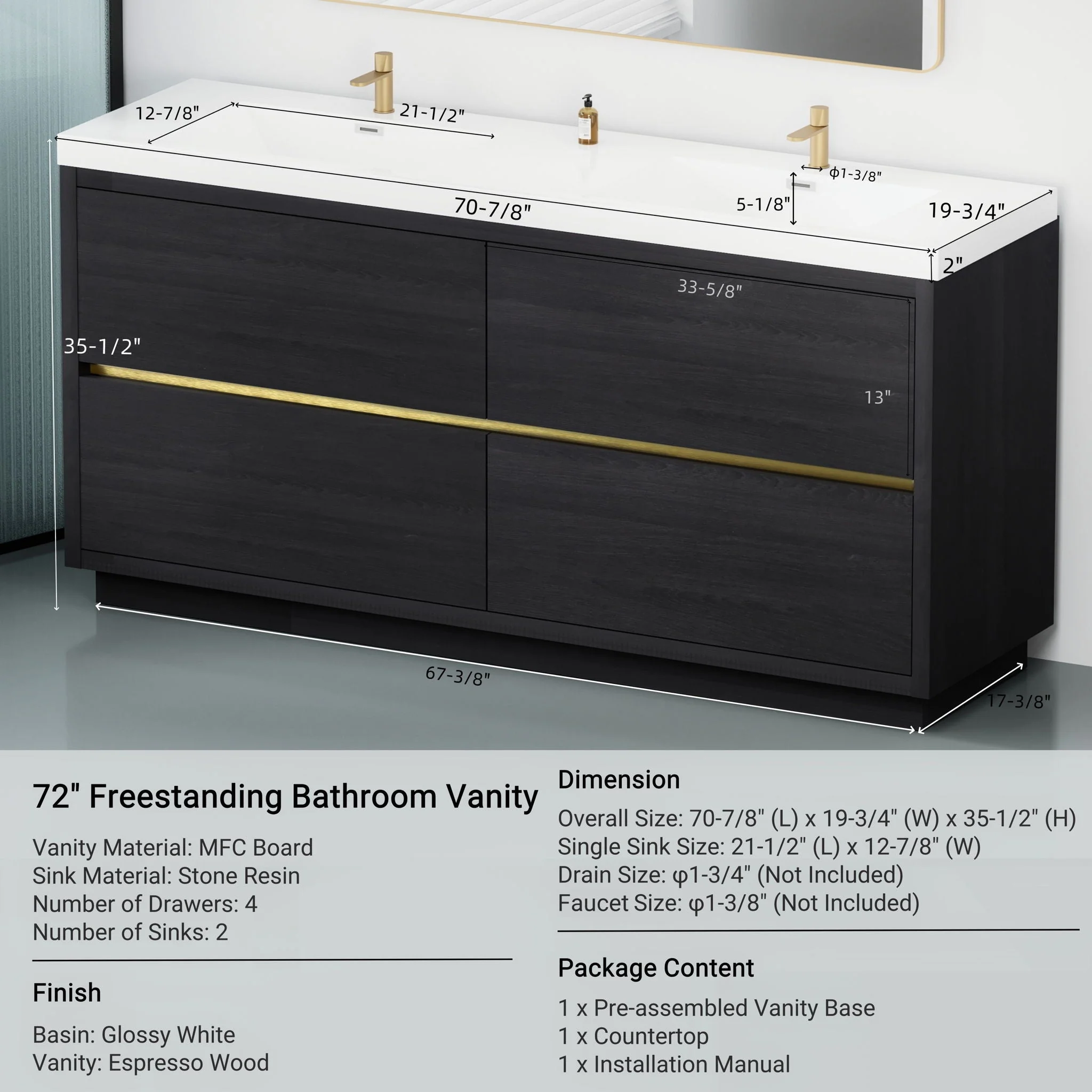 Bathin Freestanding Bathroom Vanity With Double Sinks, Bathroom Storage Vanity Cabinet With Stone Resin Countertop And Soft Close Drawers - Image 14