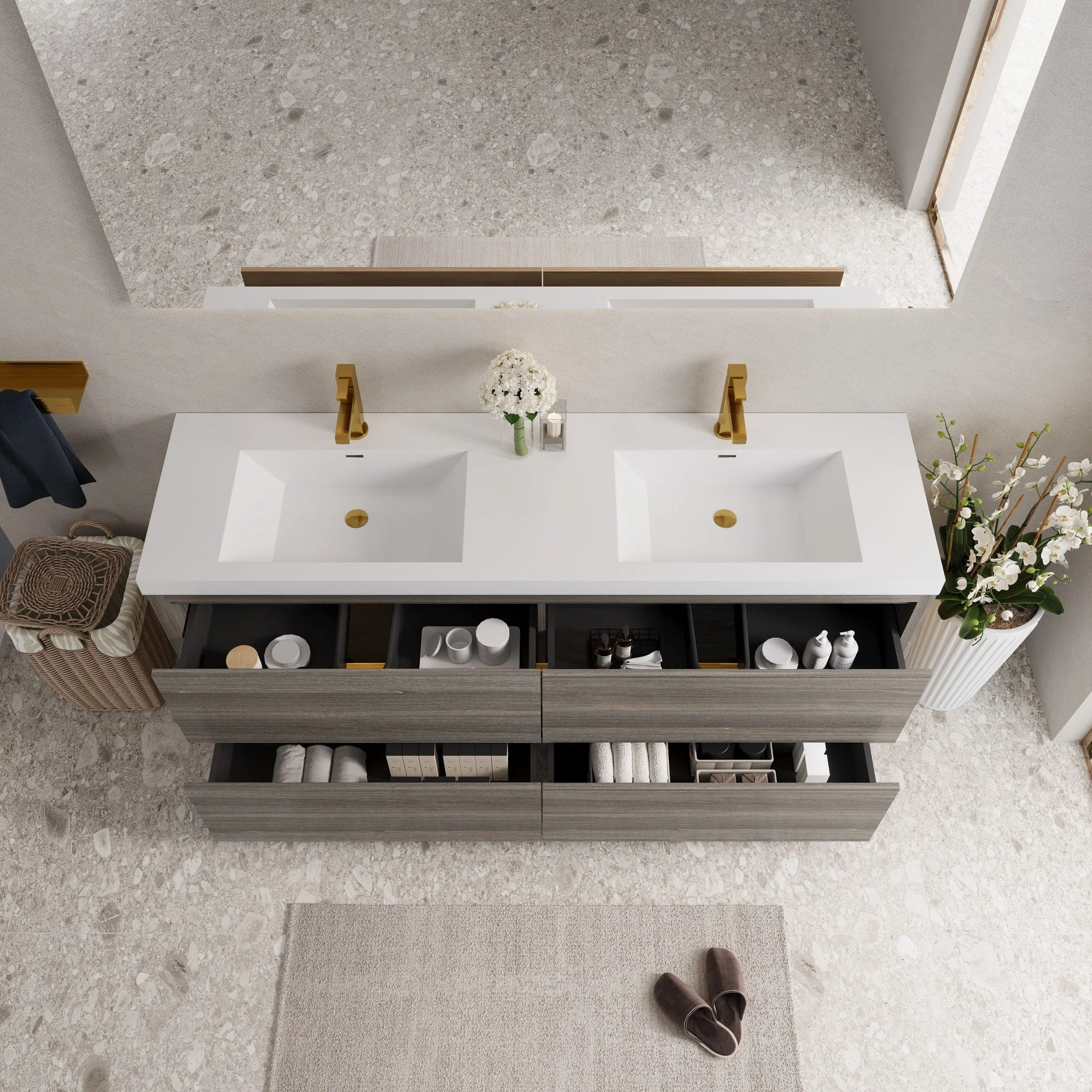 Bathin Freestanding Bathroom Vanity With Double Sinks, Bathroom Storage Vanity Cabinet With Stone Resin Countertop And Soft Close Drawers - Image 19