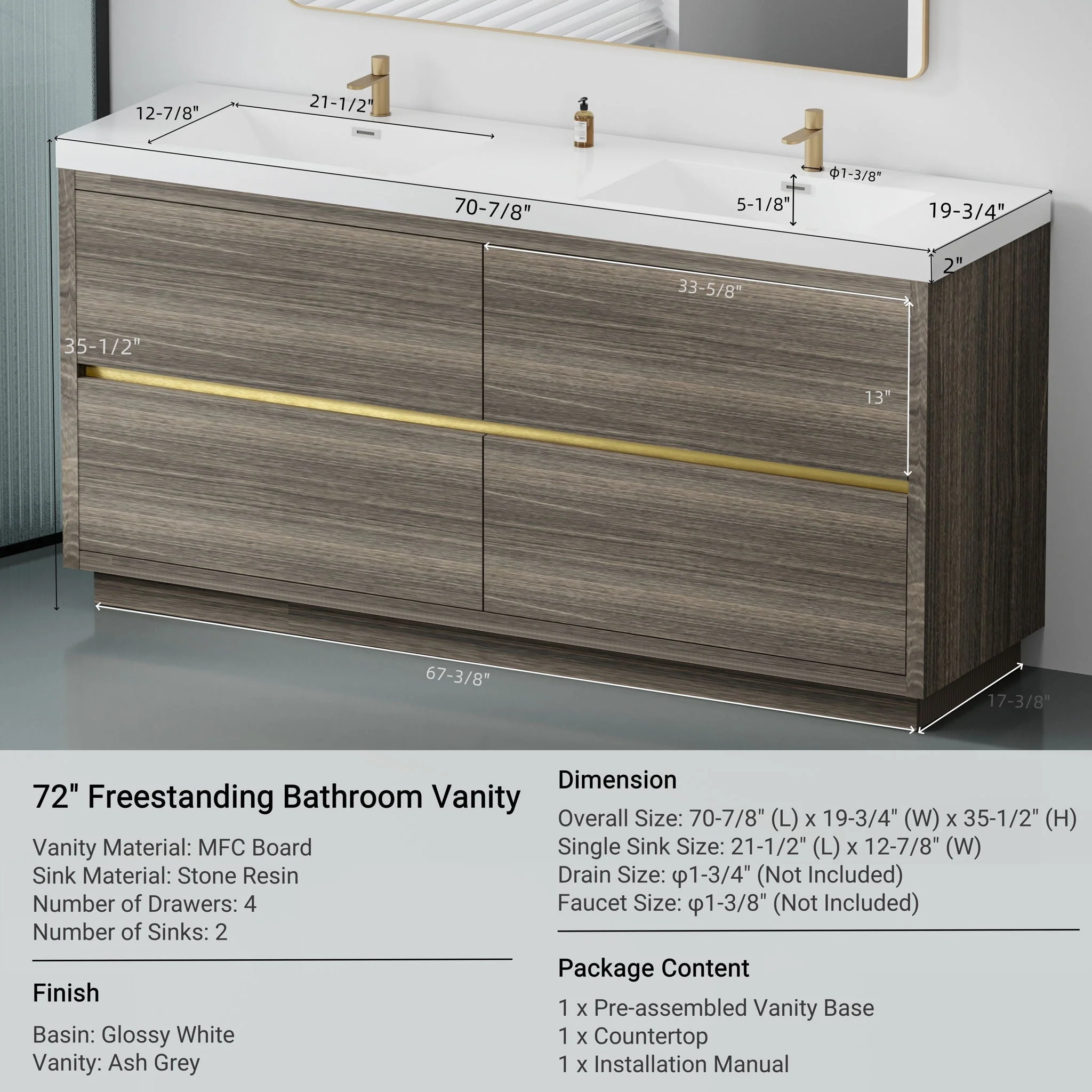 Bathin Freestanding Bathroom Vanity With Double Sinks, Bathroom Storage Vanity Cabinet With Stone Resin Countertop And Soft Close Drawers - Image 23