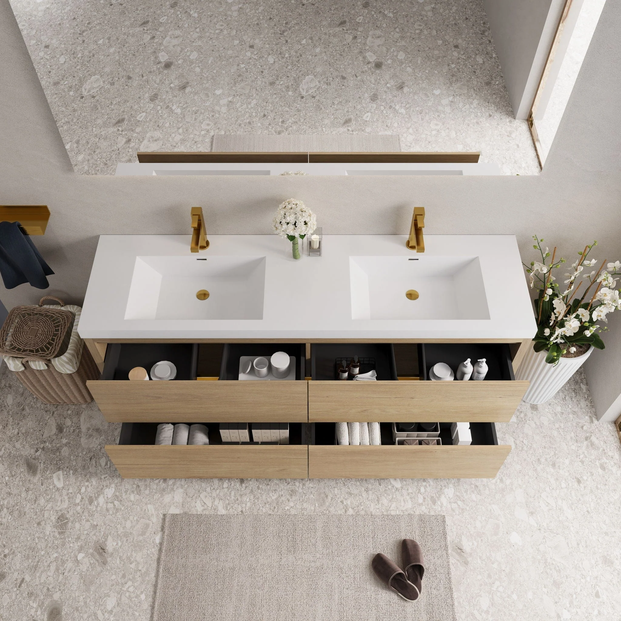 Bathin Freestanding Bathroom Vanity With Double Sinks, Bathroom Storage Vanity Cabinet With Stone Resin Countertop And Soft Close Drawers - Image 36