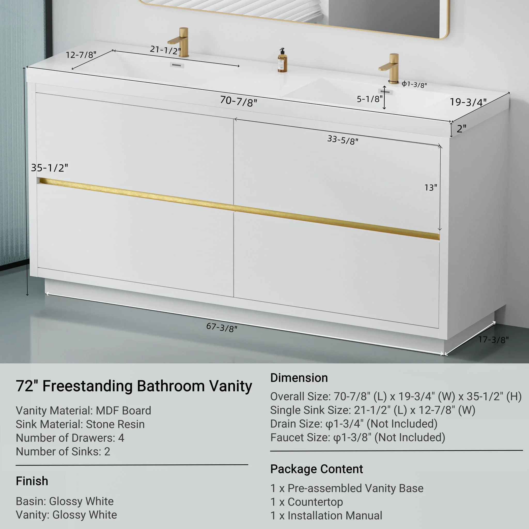 Bathin Freestanding Bathroom Vanity With Double Sinks, Bathroom Storage Vanity Cabinet With Stone Resin Countertop And Soft Close Drawers - Image 42