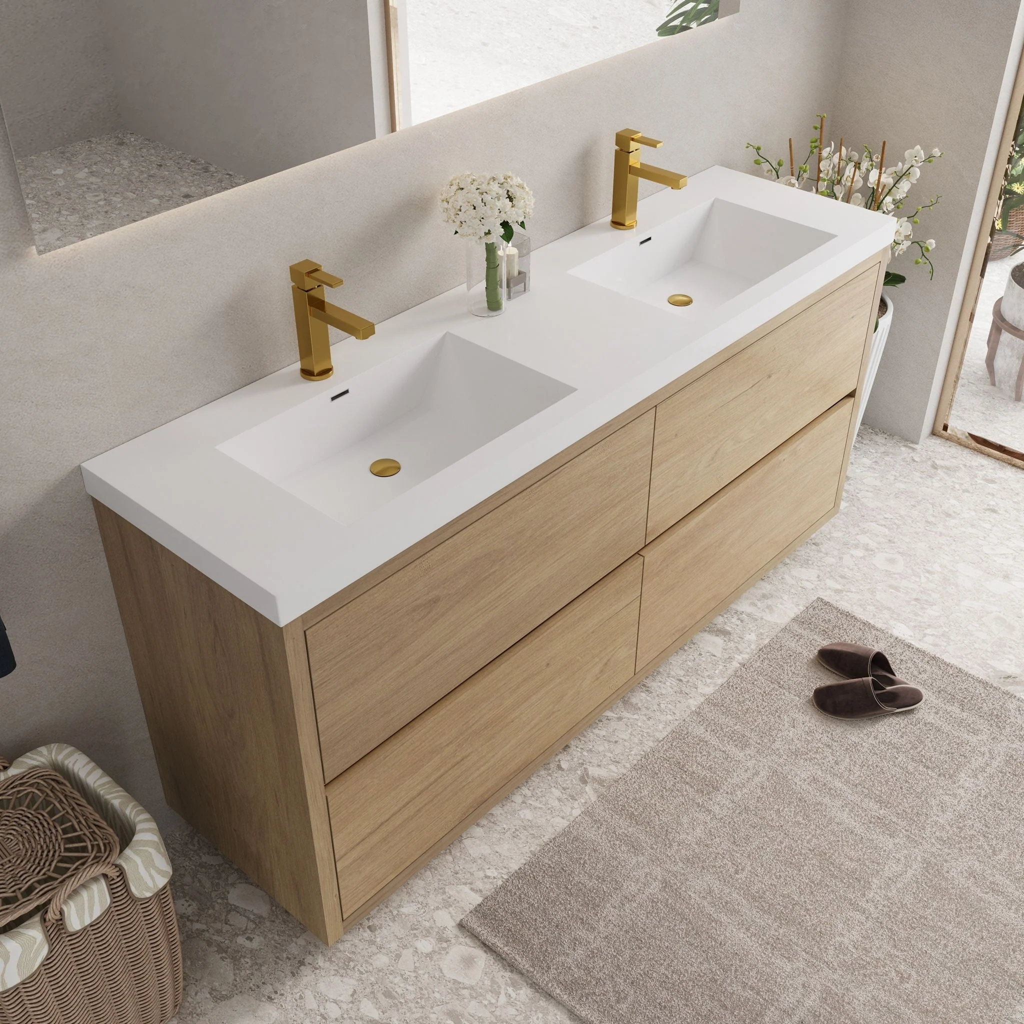 Bathin Freestanding Bathroom Vanity With Double Sinks, Bathroom Storage Vanity Cabinet With Stone Resin Countertop And Soft Close Drawers - Image 46