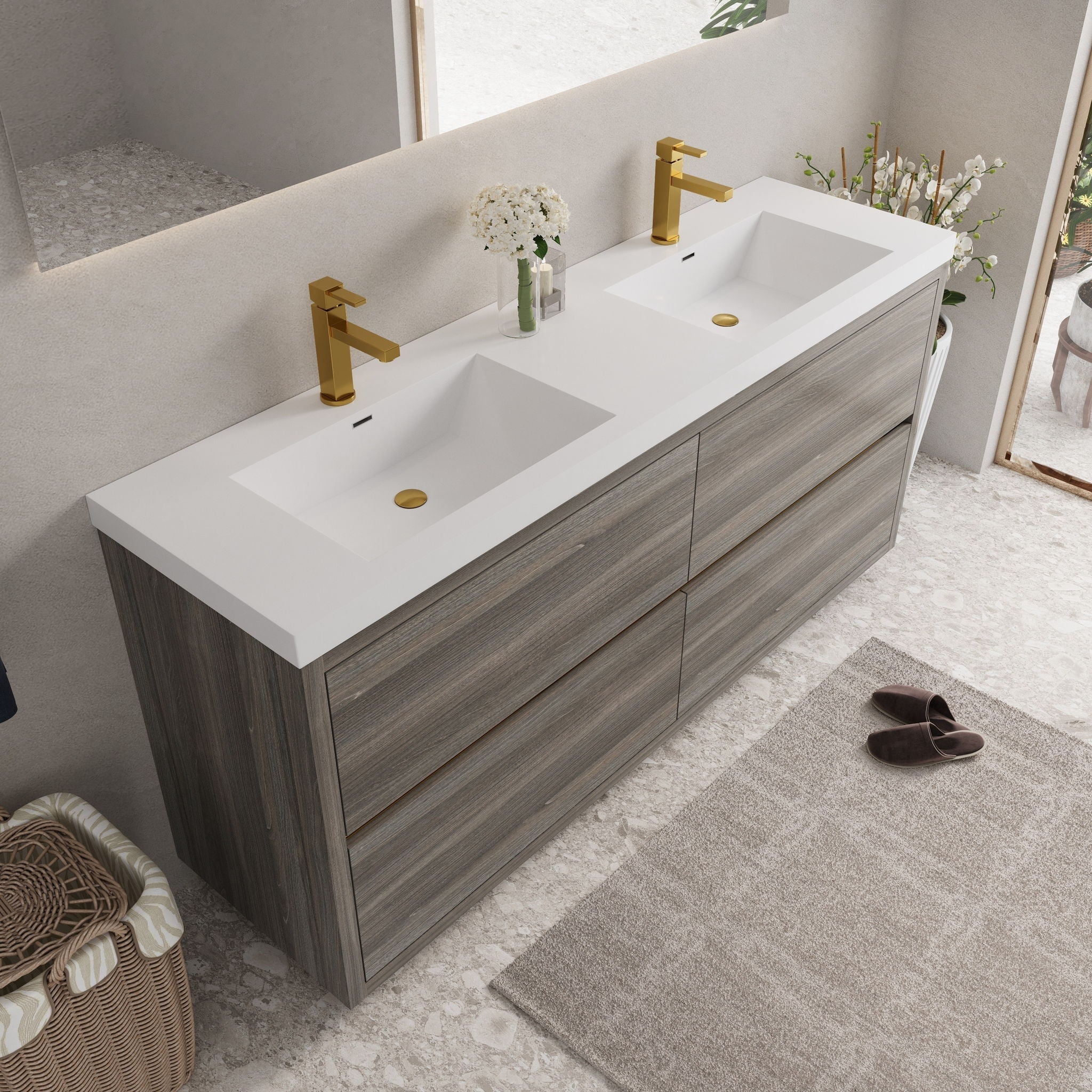 Bathin Freestanding Bathroom Vanity With Double Sinks, Bathroom Storage Vanity Cabinet With Stone Resin Countertop And Soft Close Drawers - Image 6