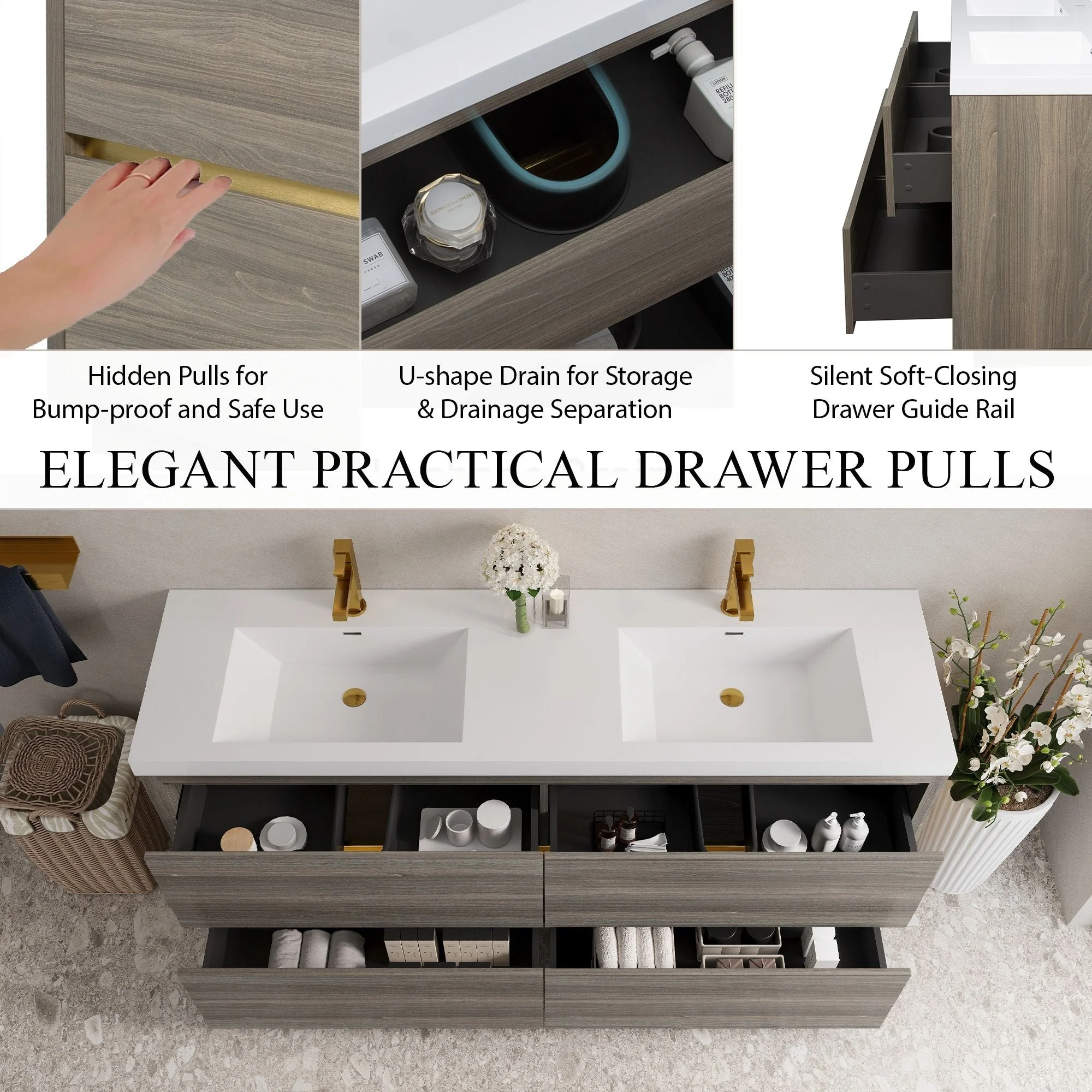 Bathin Freestanding Bathroom Vanity With Double Sinks, Bathroom Storage Vanity Cabinet With Stone Resin Countertop And Soft Close Drawers - Image 7