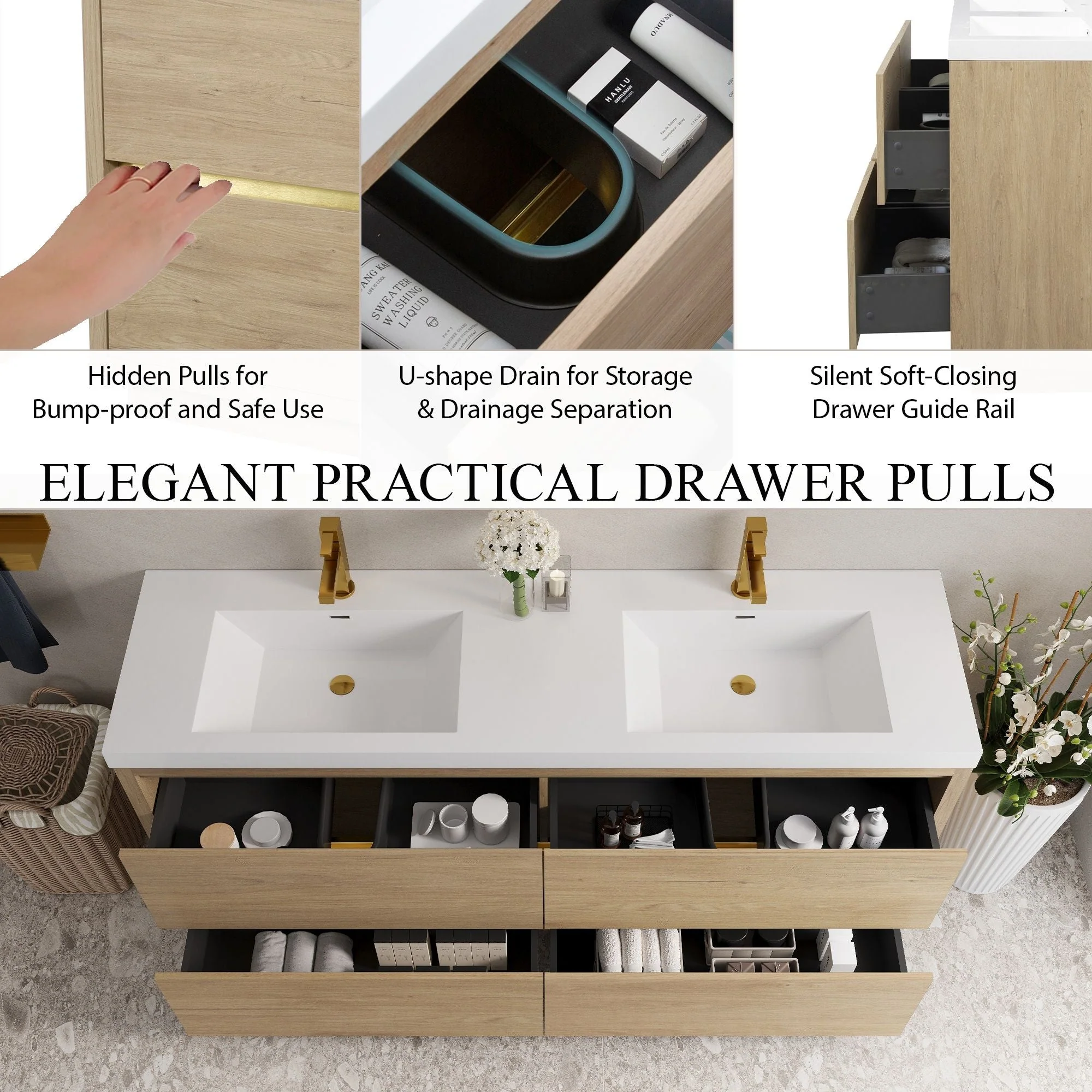 Bathin Freestanding Bathroom Vanity With Double Sinks, Bathroom Storage Vanity Cabinet With Stone Resin Countertop And Soft Close Drawers - Image 9