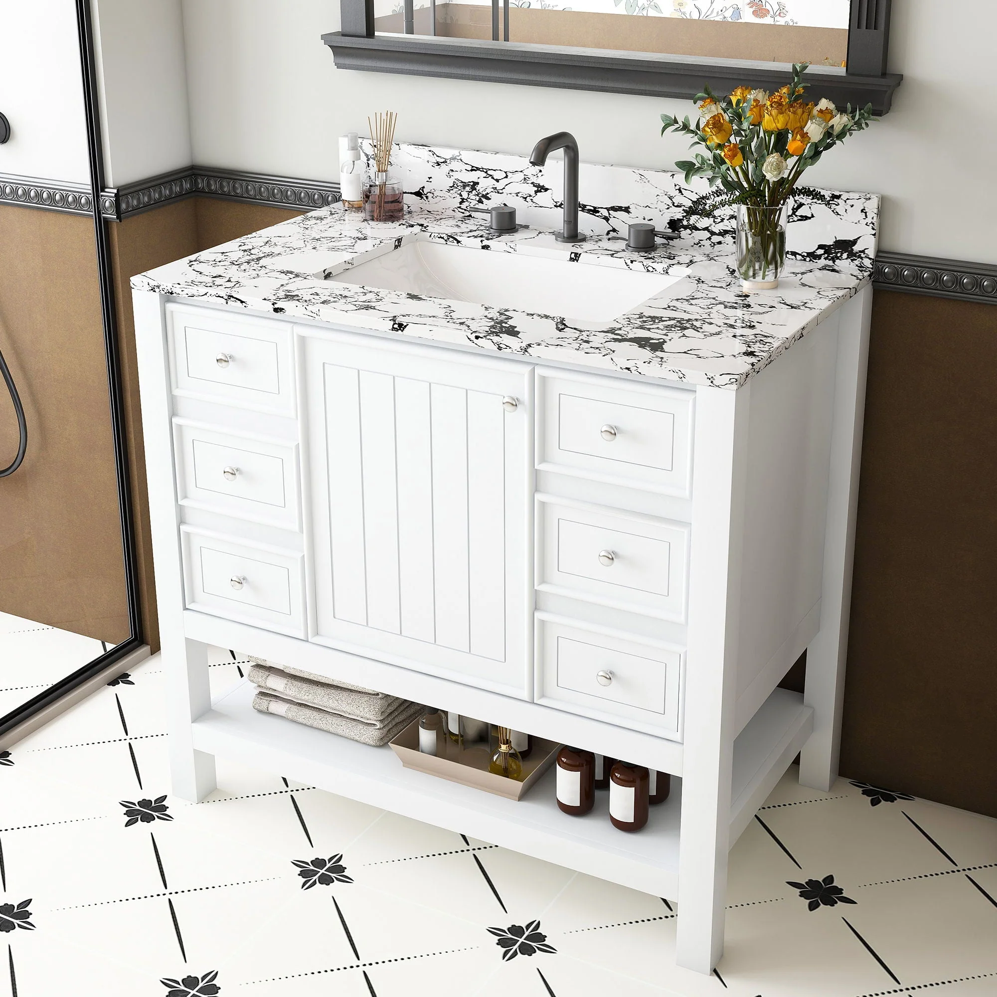 Bathroom Vanity Set With 3 Drawers And Storage Cabinet - White - Image 4