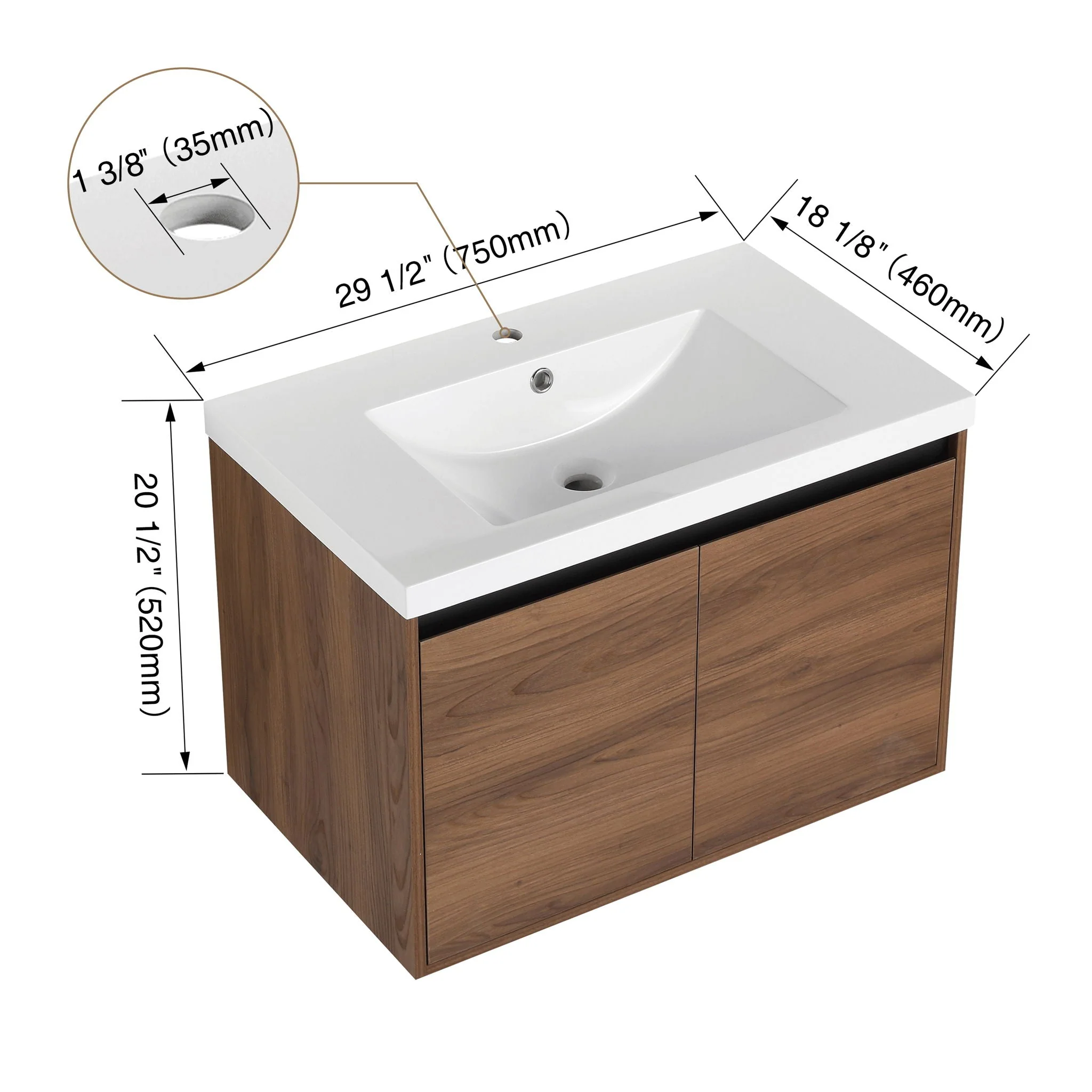 Bathroom Vanity Set With Resin Countertop Sink And 2 Doors, Engineered Wood - Image 6