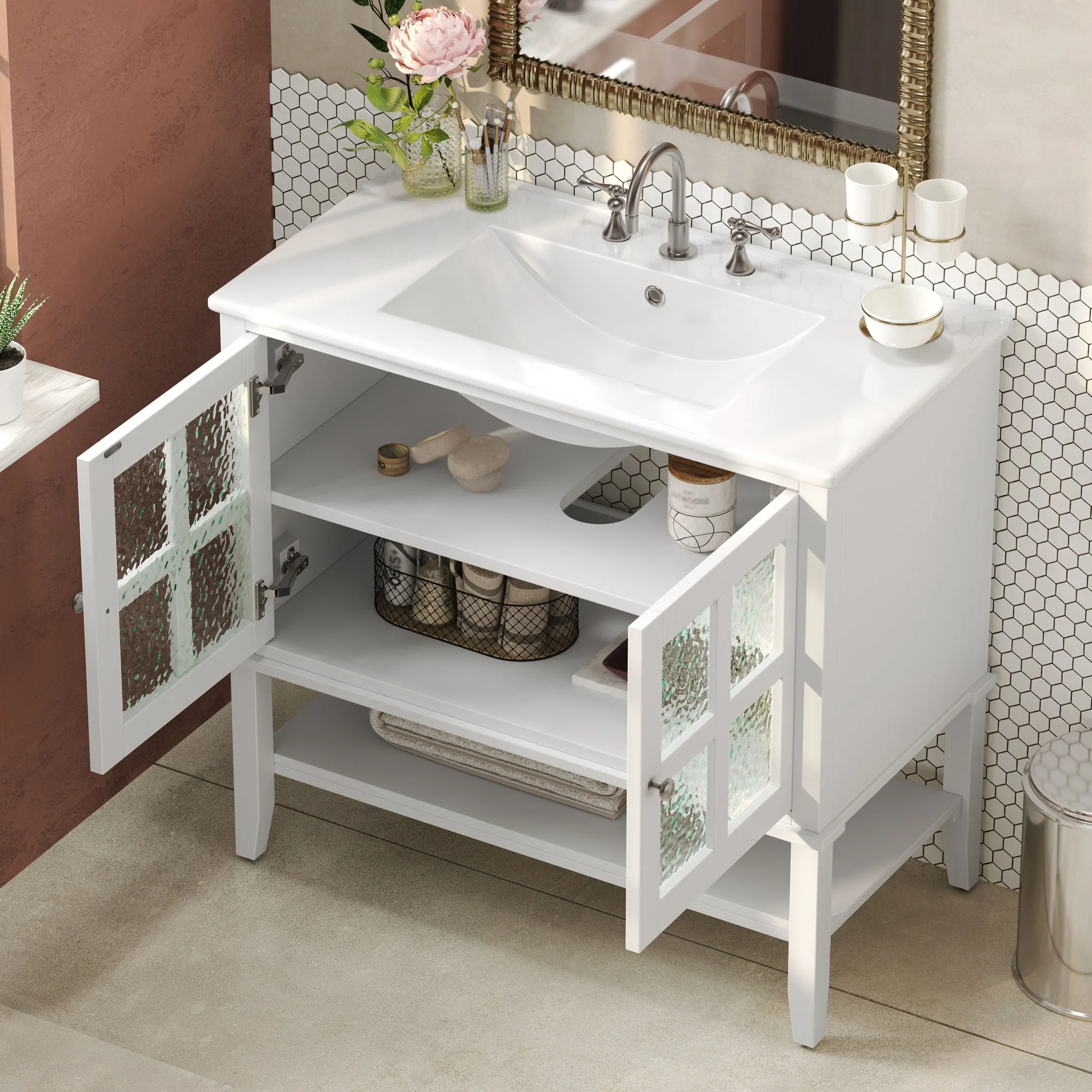 Bathroom Vanity With Ceramic Sink, Adjustable & Open Shelf - Image 10