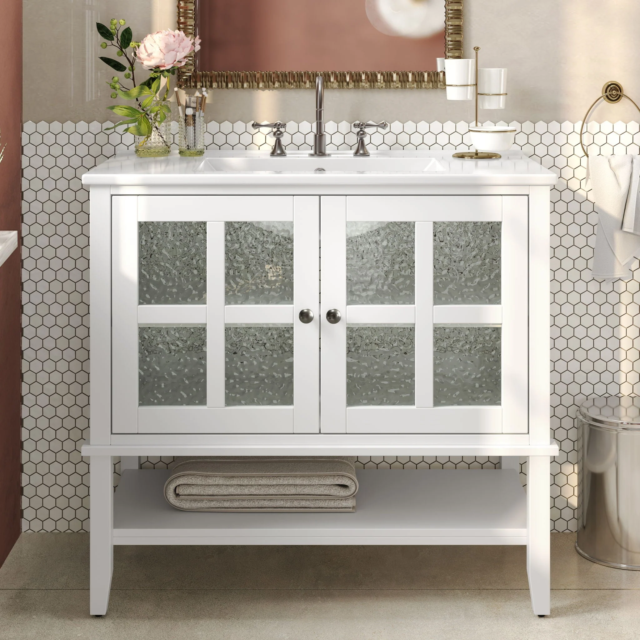 Bathroom Vanity With Ceramic Sink, Adjustable & Open Shelf - Image 11