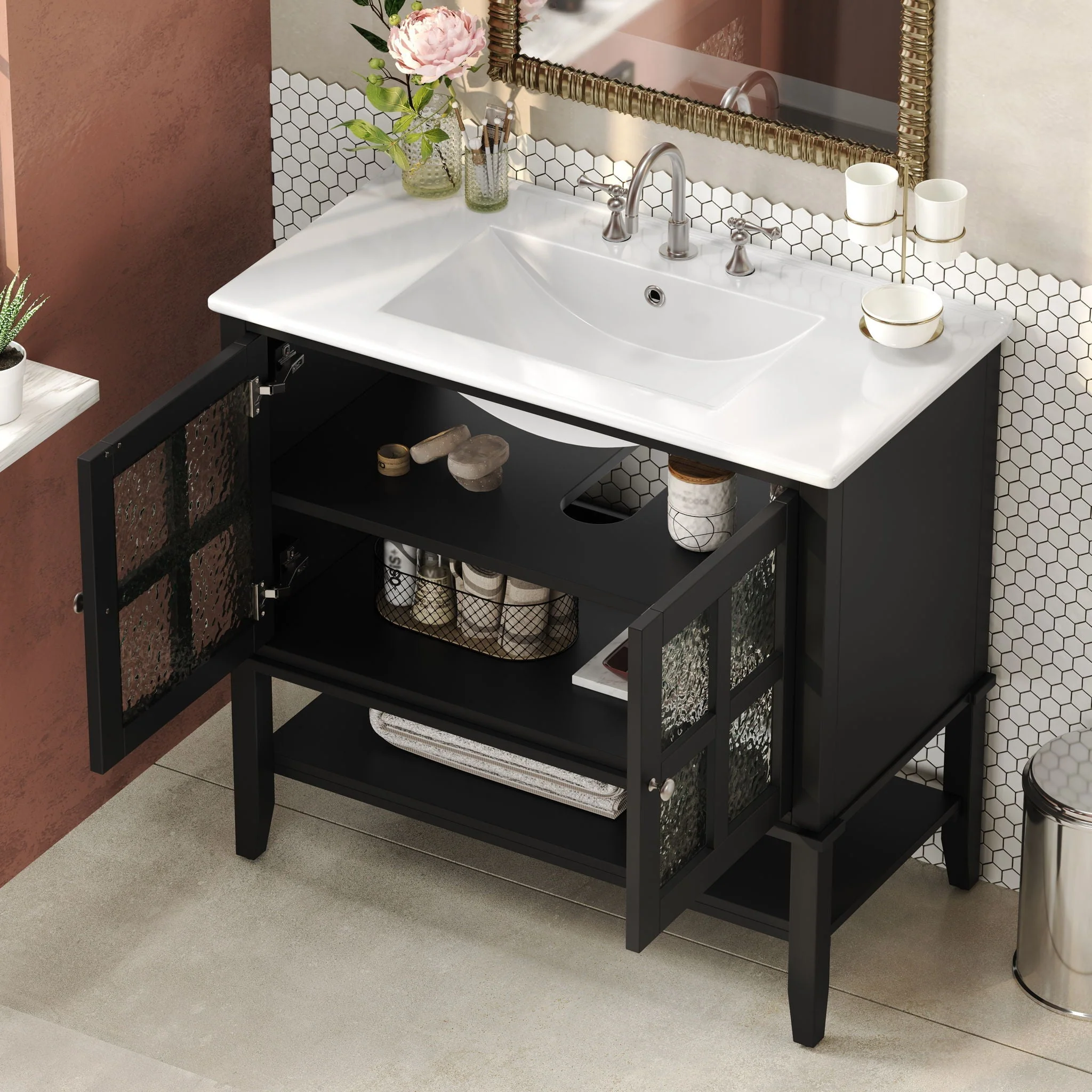 Bathroom Vanity With Ceramic Sink, Adjustable & Open Shelf - Image 4
