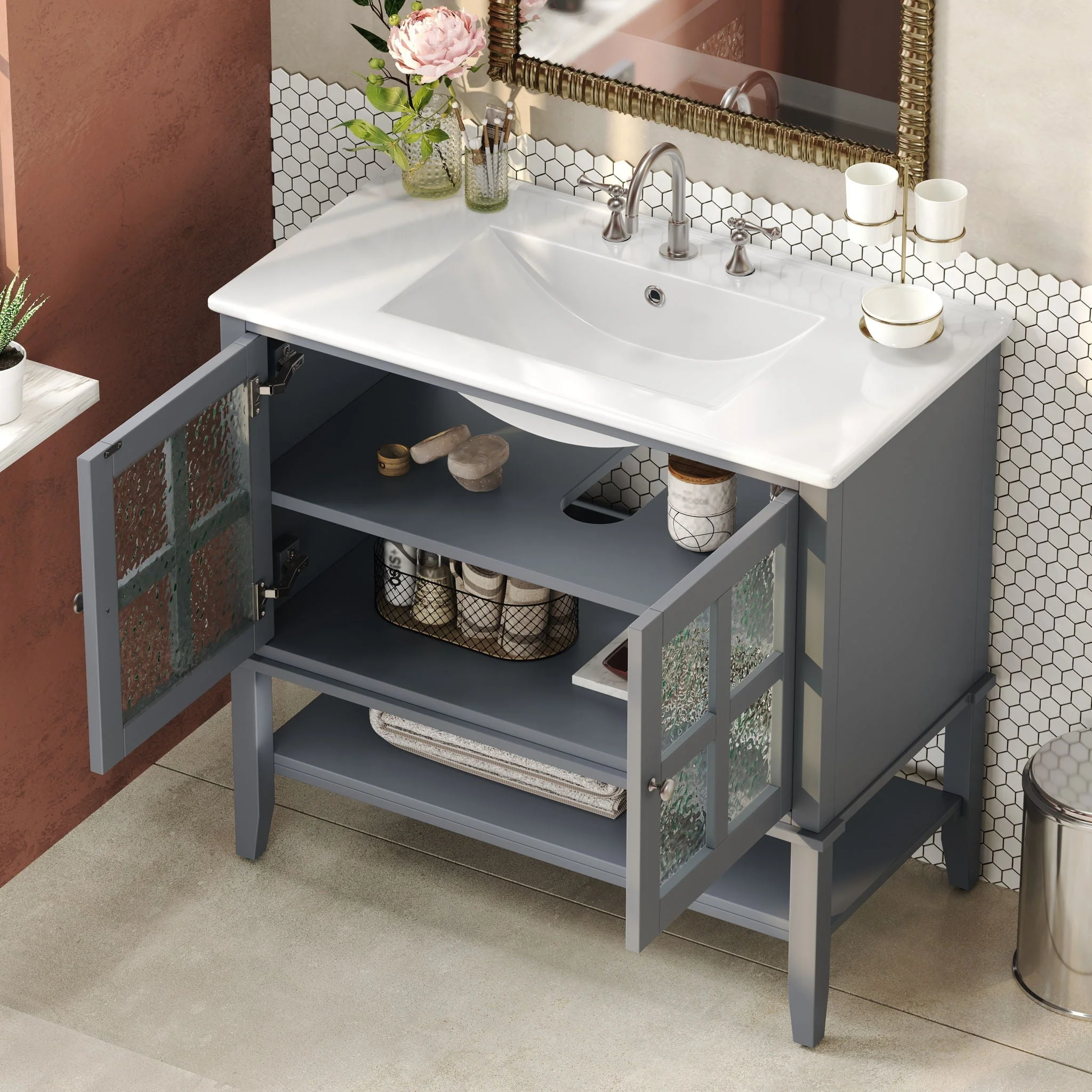 Bathroom Vanity With Ceramic Sink, Adjustable & Open Shelf - Image 5