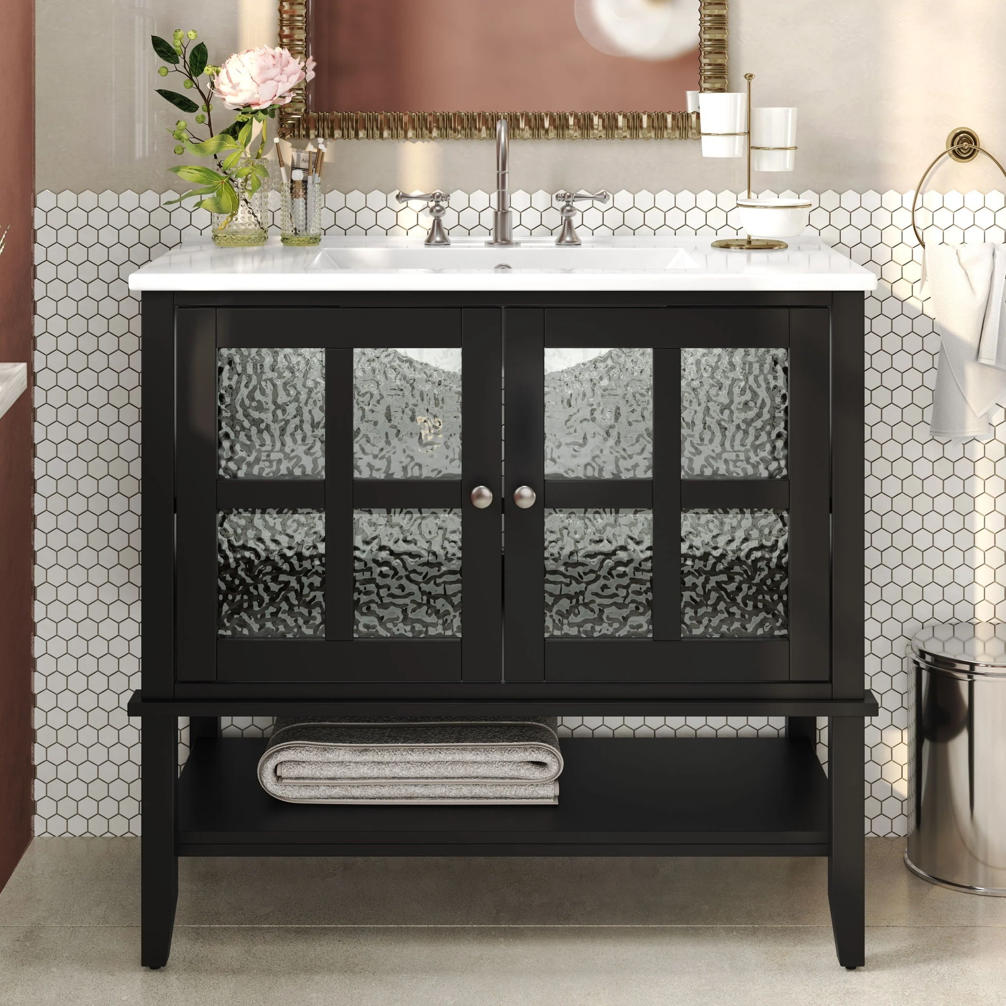Bathroom Vanity With Ceramic Sink, Adjustable & Open Shelf - Image 7