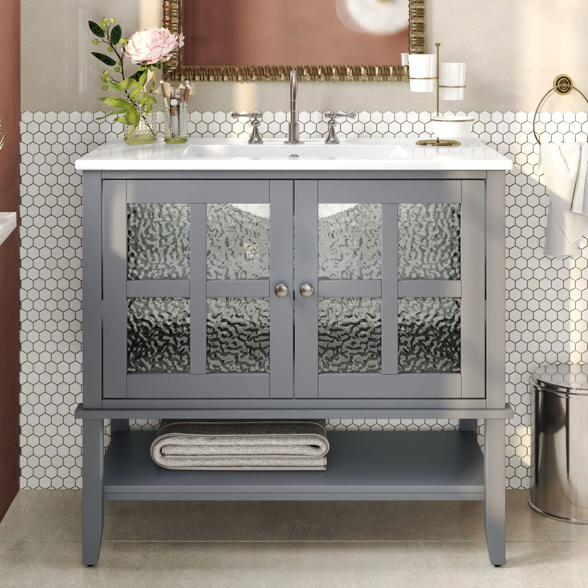 Bathroom Vanity With Ceramic Sink, Adjustable & Open Shelf - Image 8