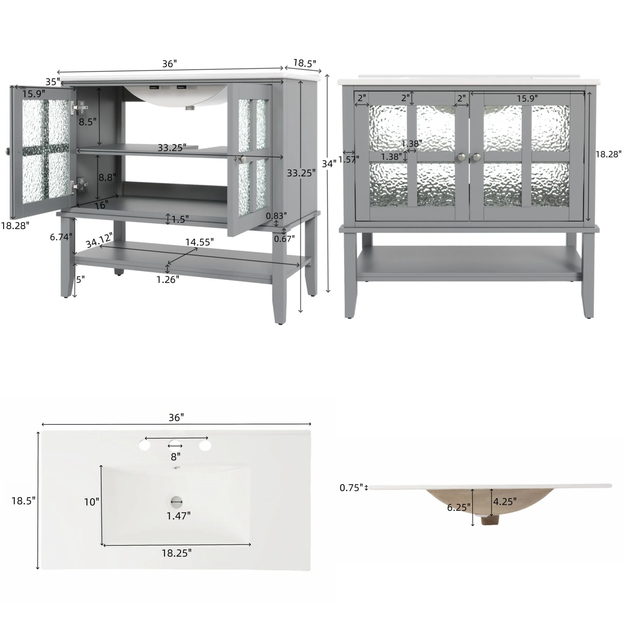 Bathroom Vanity With Ceramic Sink, Adjustable & Open Shelf - Image 9