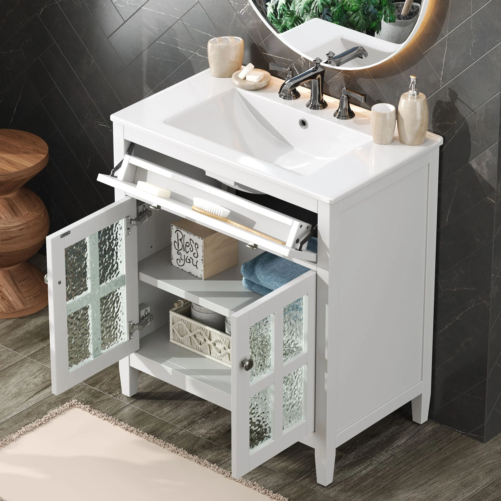 Bathroom Vanity With Ceramic Sink, Adjustable Shelf & Tip Out Tray - Image 10