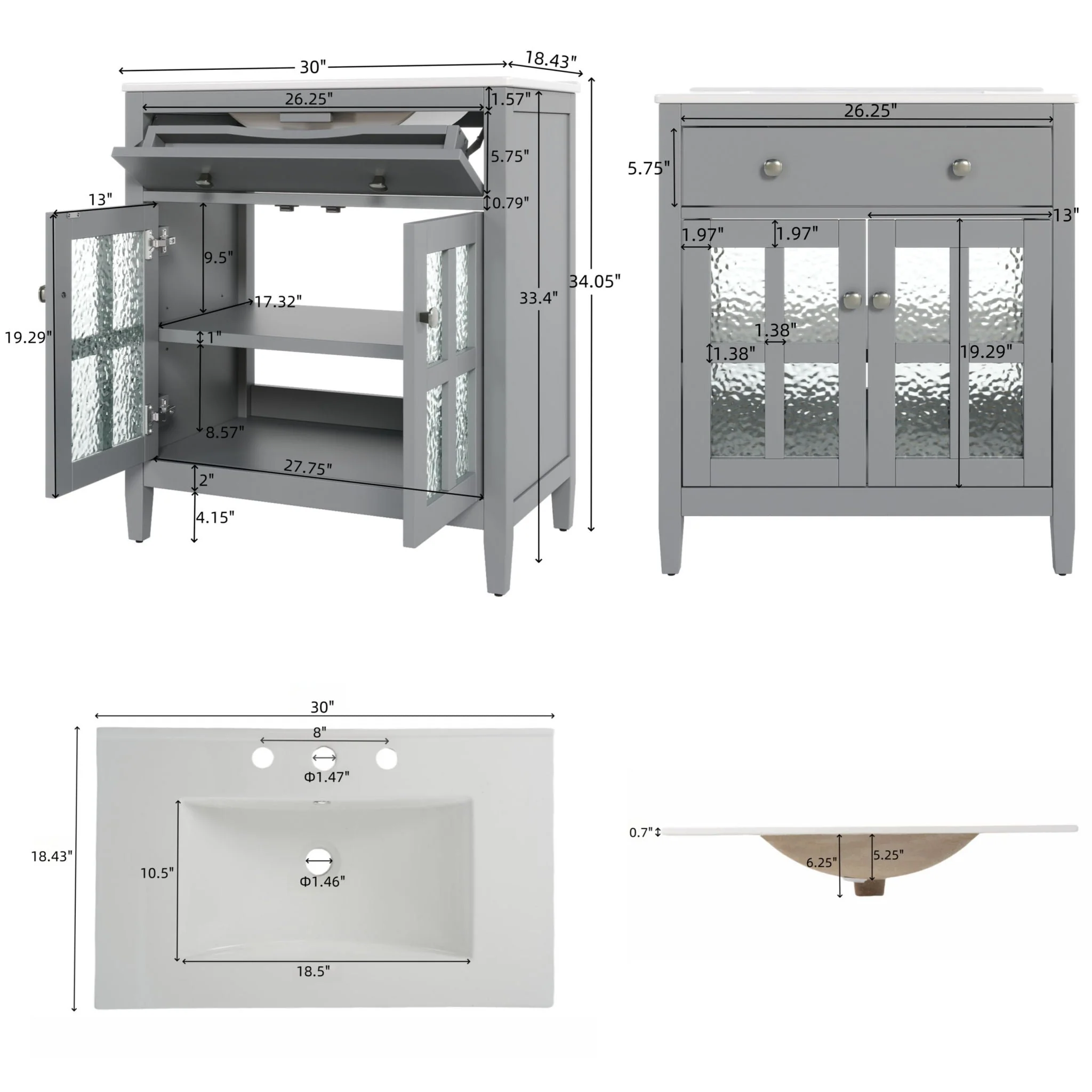 Bathroom Vanity With Ceramic Sink, Adjustable Shelf & Tip Out Tray - Image 11
