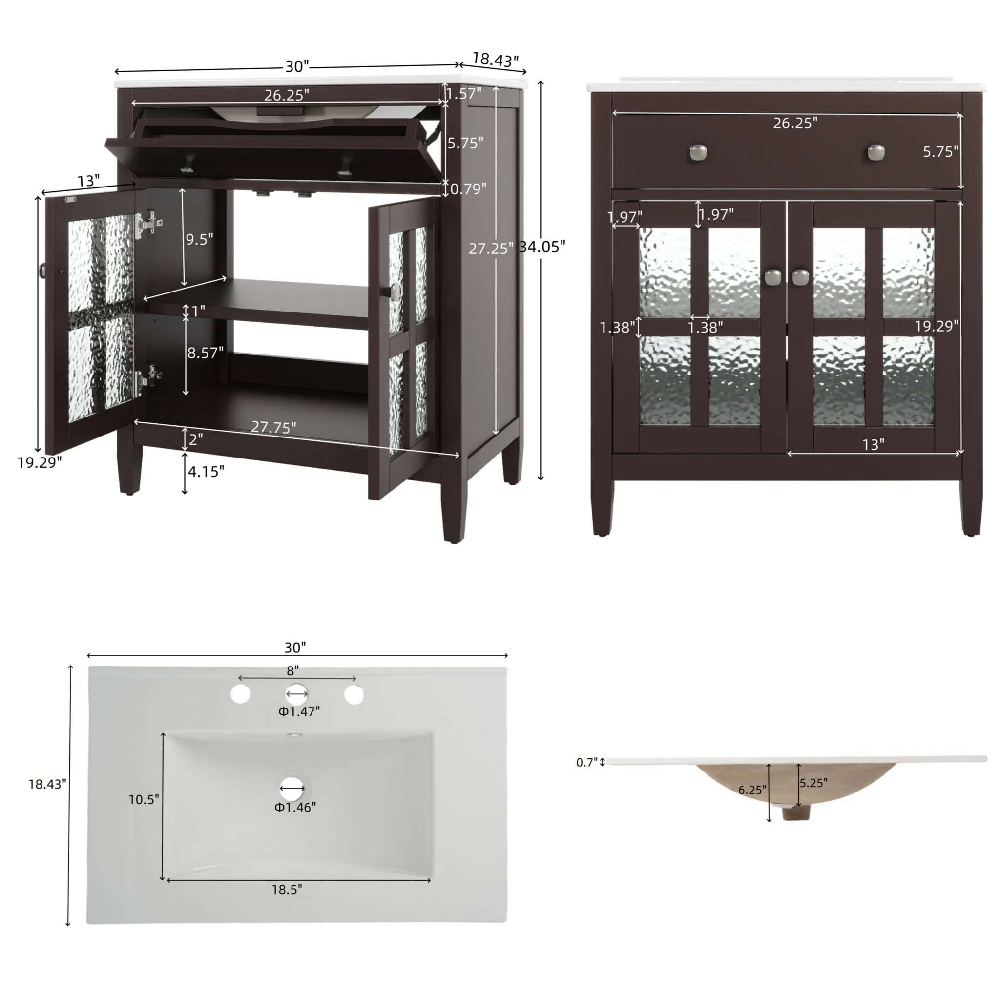 Bathroom Vanity With Ceramic Sink, Adjustable Shelf & Tip Out Tray - Image 12