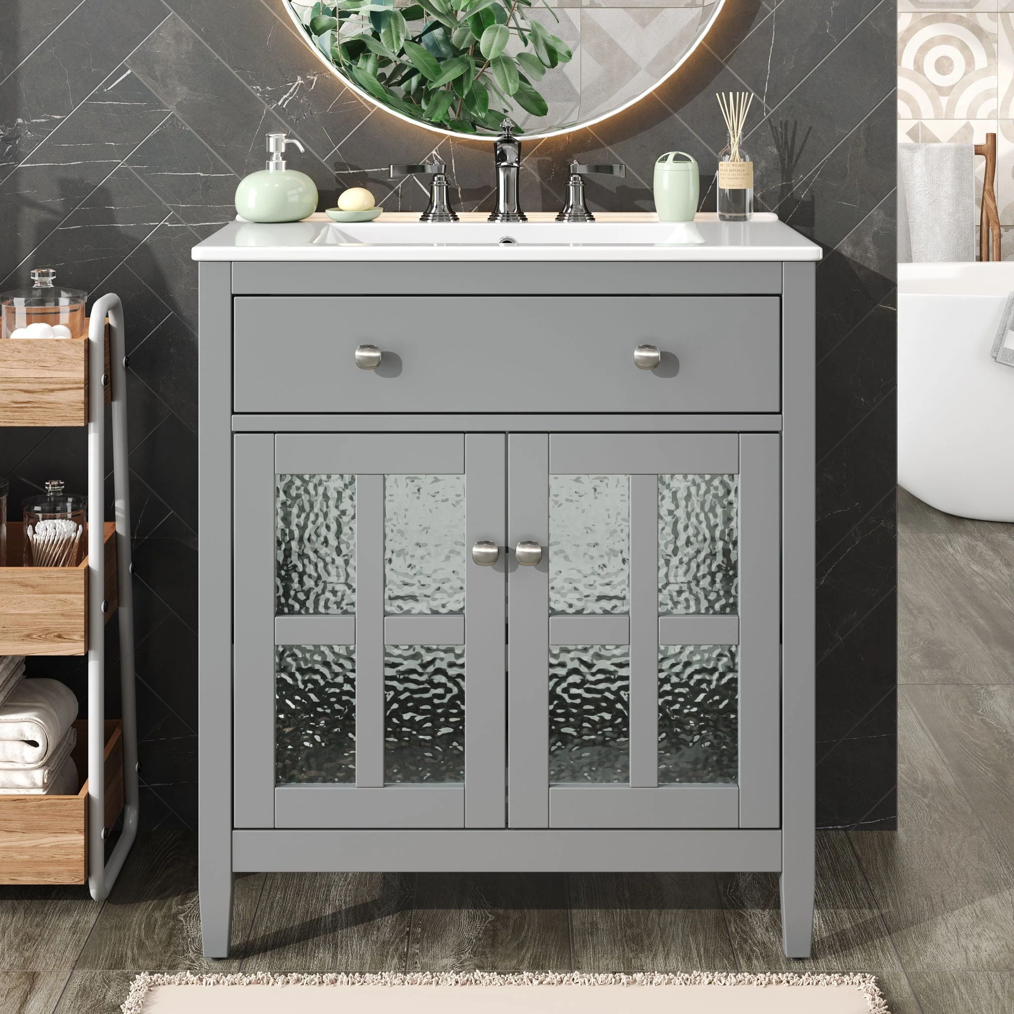 Bathroom Vanity With Ceramic Sink, Adjustable Shelf & Tip Out Tray - Image 4