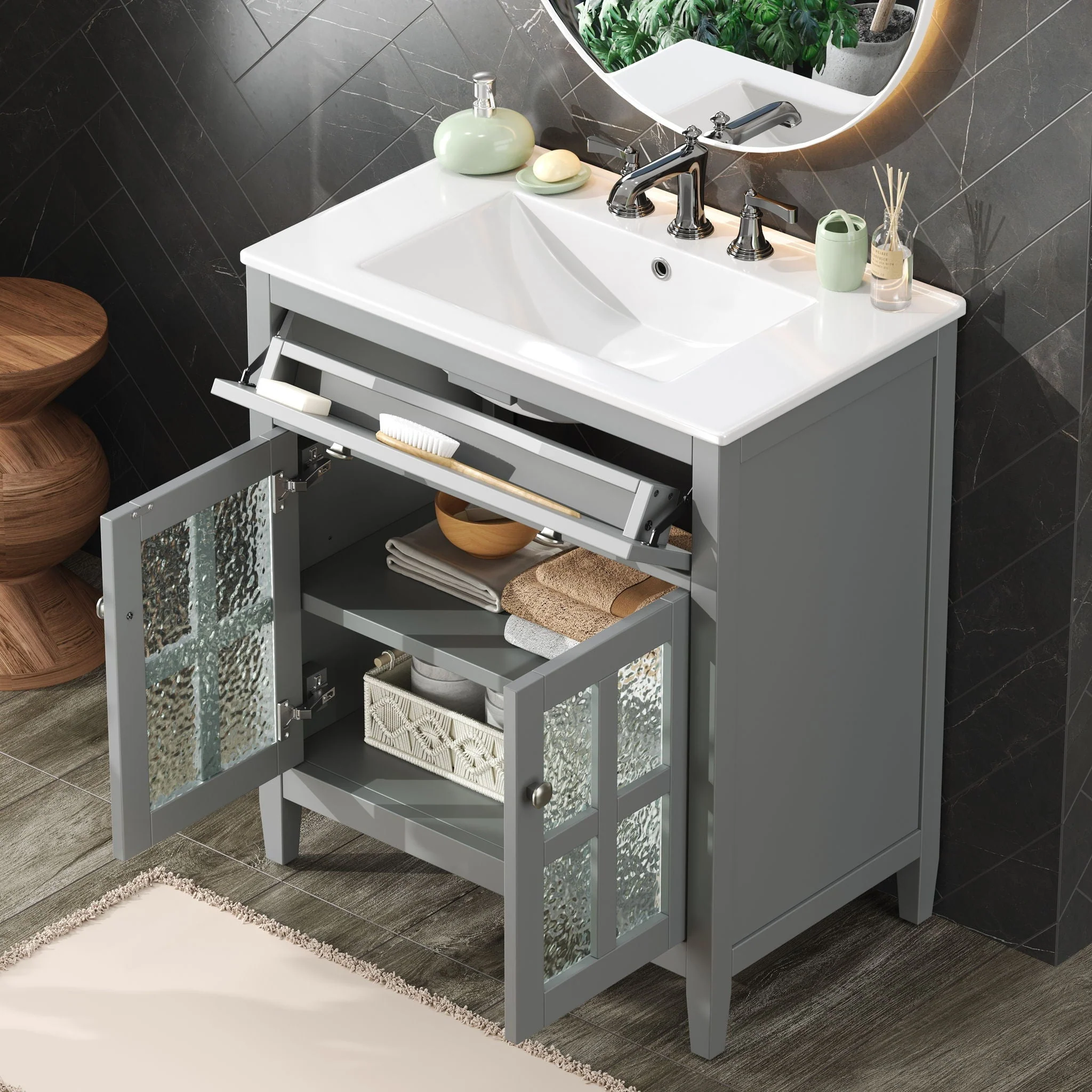 Bathroom Vanity With Ceramic Sink, Adjustable Shelf & Tip Out Tray - Image 8