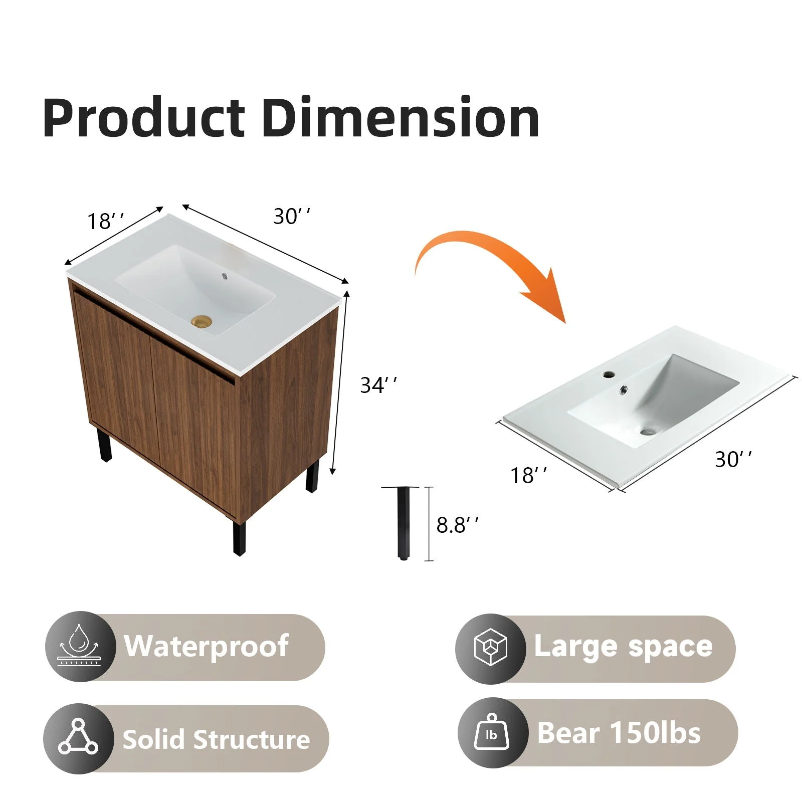 Bathroom Vanity With Ceramic Sink, Floor-Standing Design, Soft-Closing Drawers - Image 8