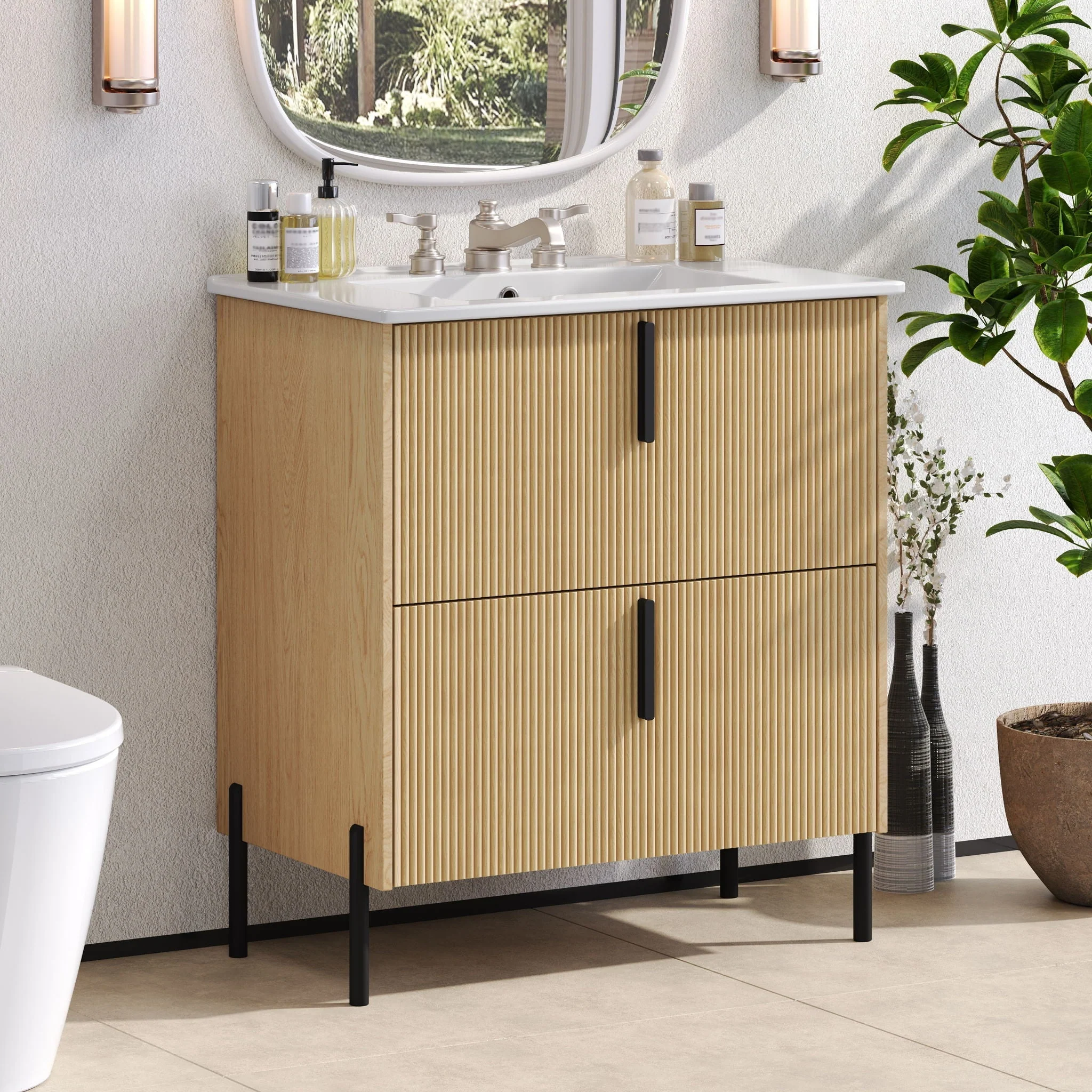 Bathroom Vanity With Ceramic Sink, Fluted Design - Image 4