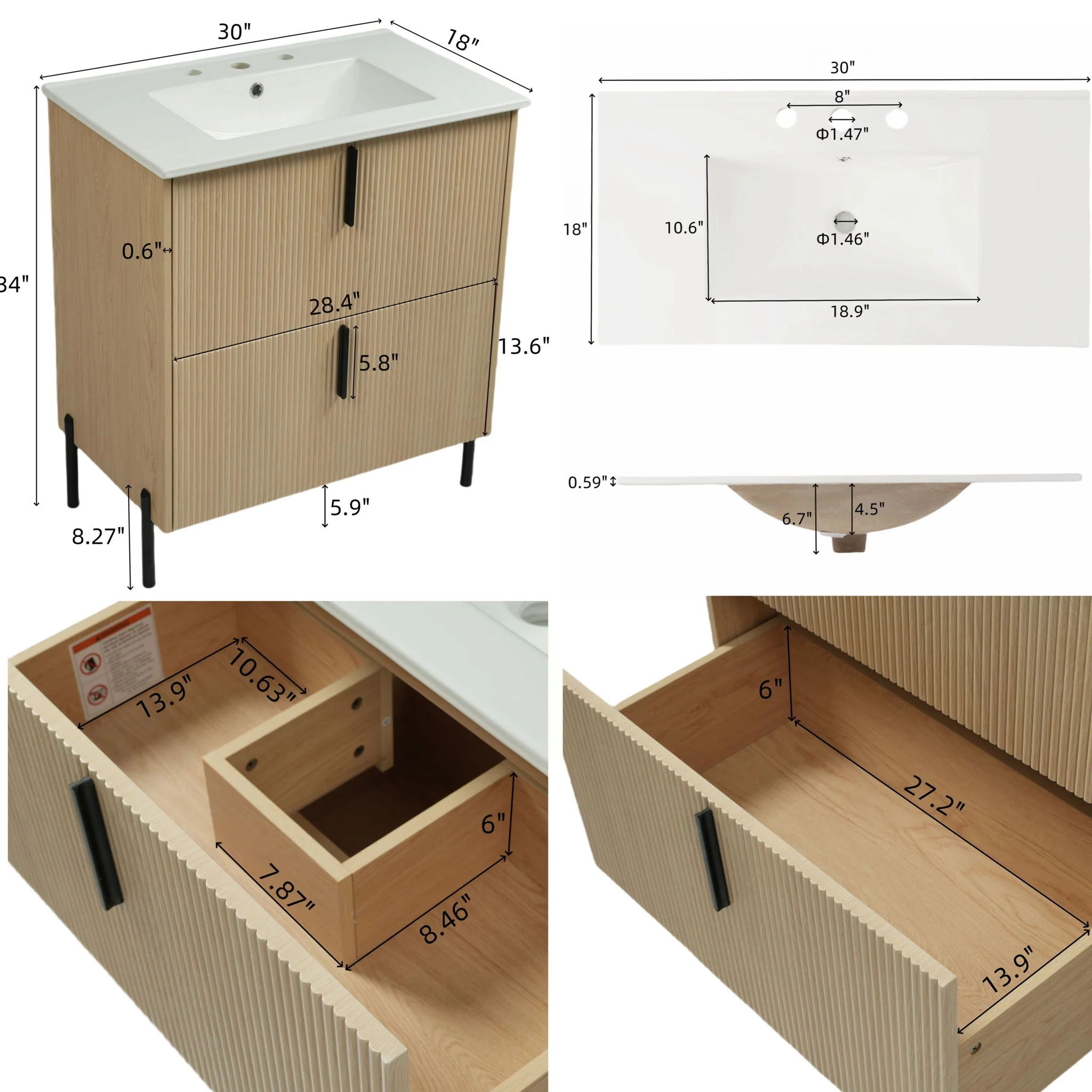 Bathroom Vanity With Ceramic Sink, Fluted Design - Image 7
