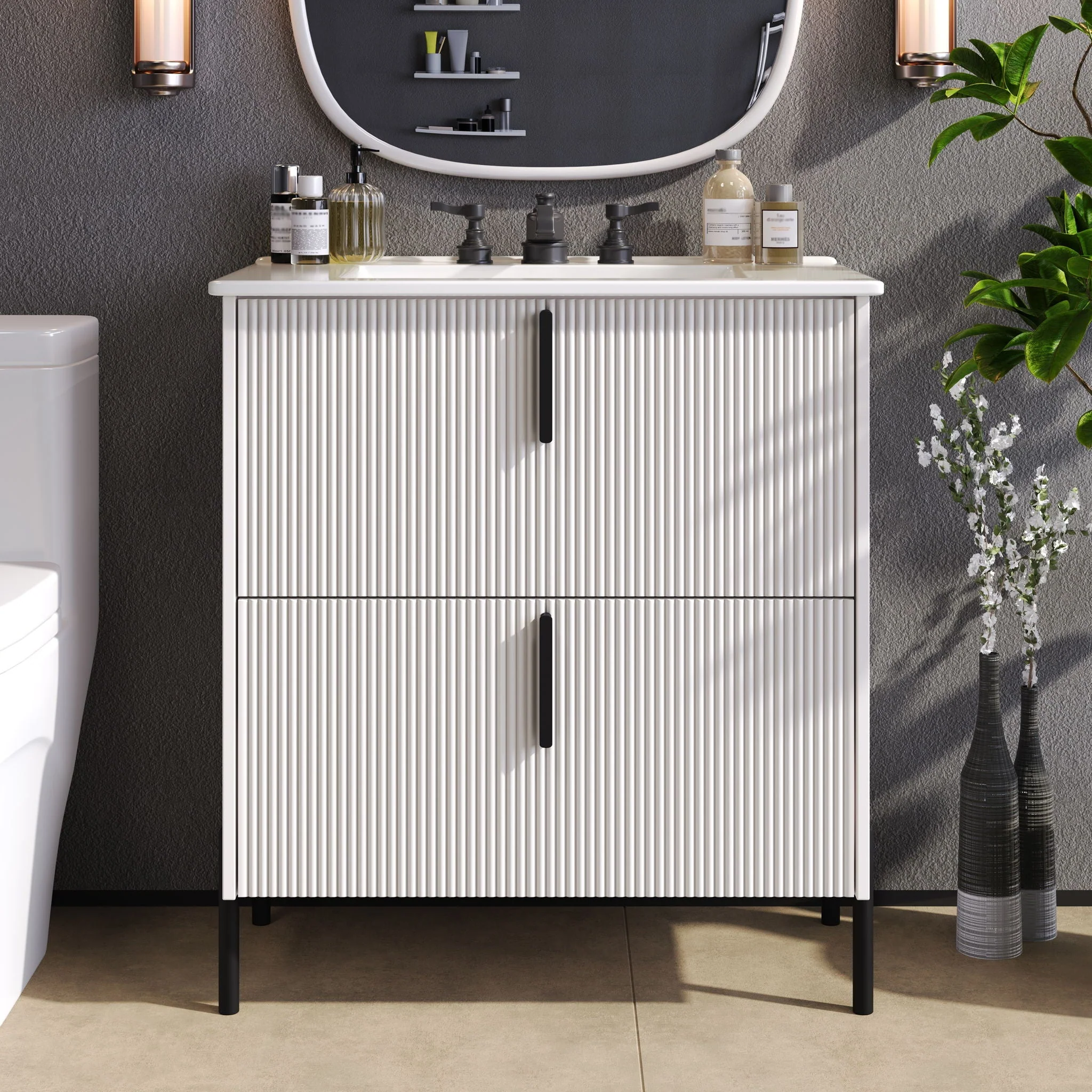 Bathroom Vanity With Ceramic Sink, Fluted Design - Image 9