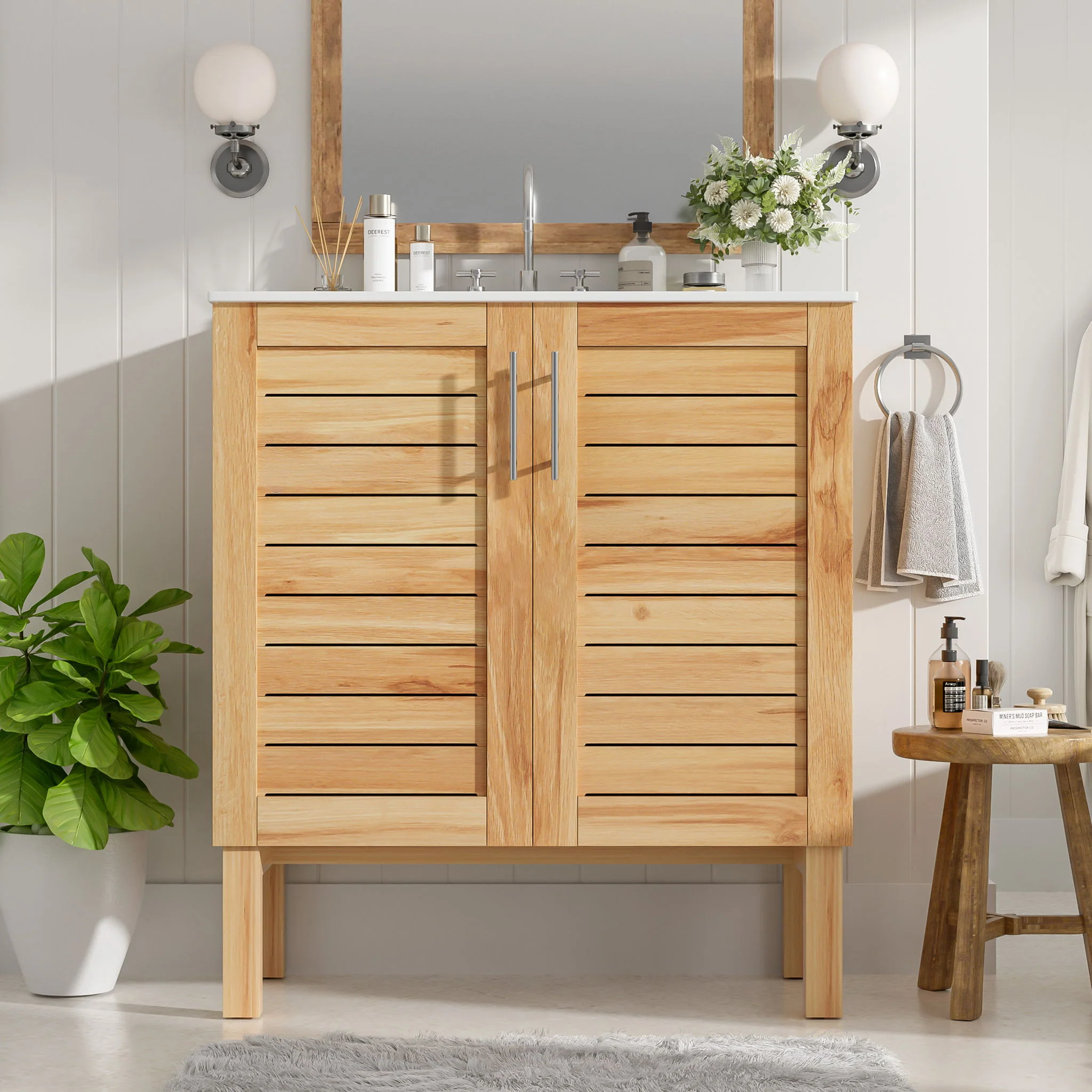 Bathroom Vanity With Ceramic Sink, Freestanding Cabinet - Antique Natural / Brown - Image 2