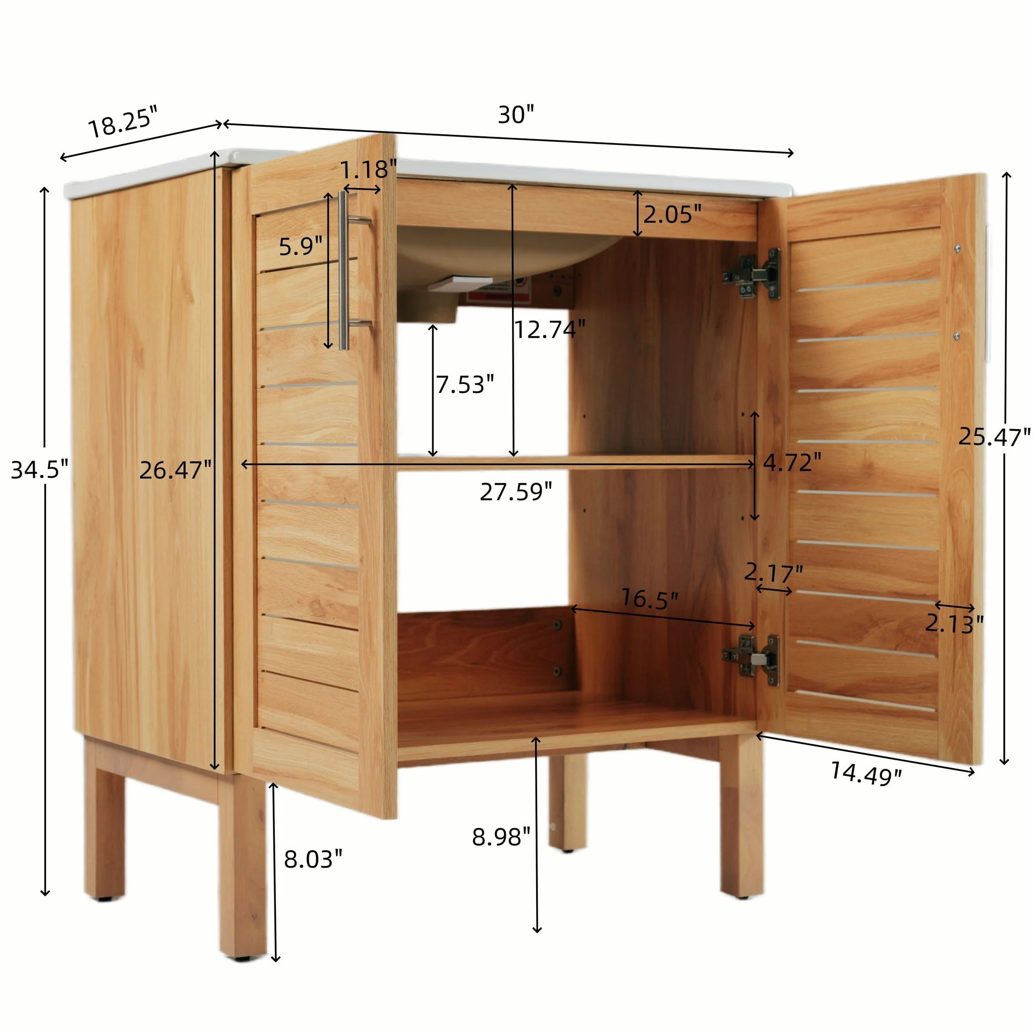 Bathroom Vanity With Ceramic Sink, Freestanding Cabinet - Antique Natural / Brown - Image 3