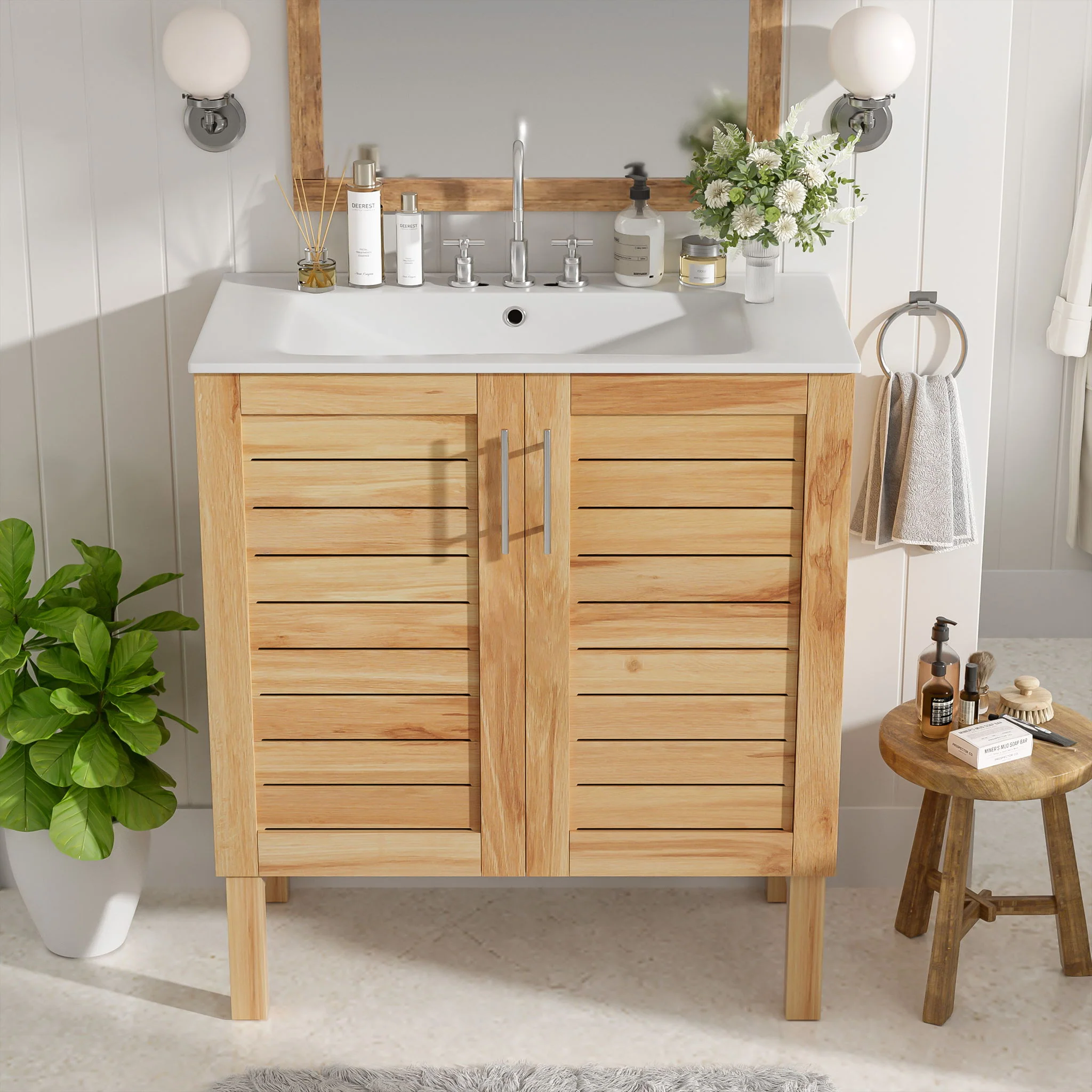 Bathroom Vanity With Ceramic Sink, Freestanding Cabinet - Antique Natural / Brown - Image 4