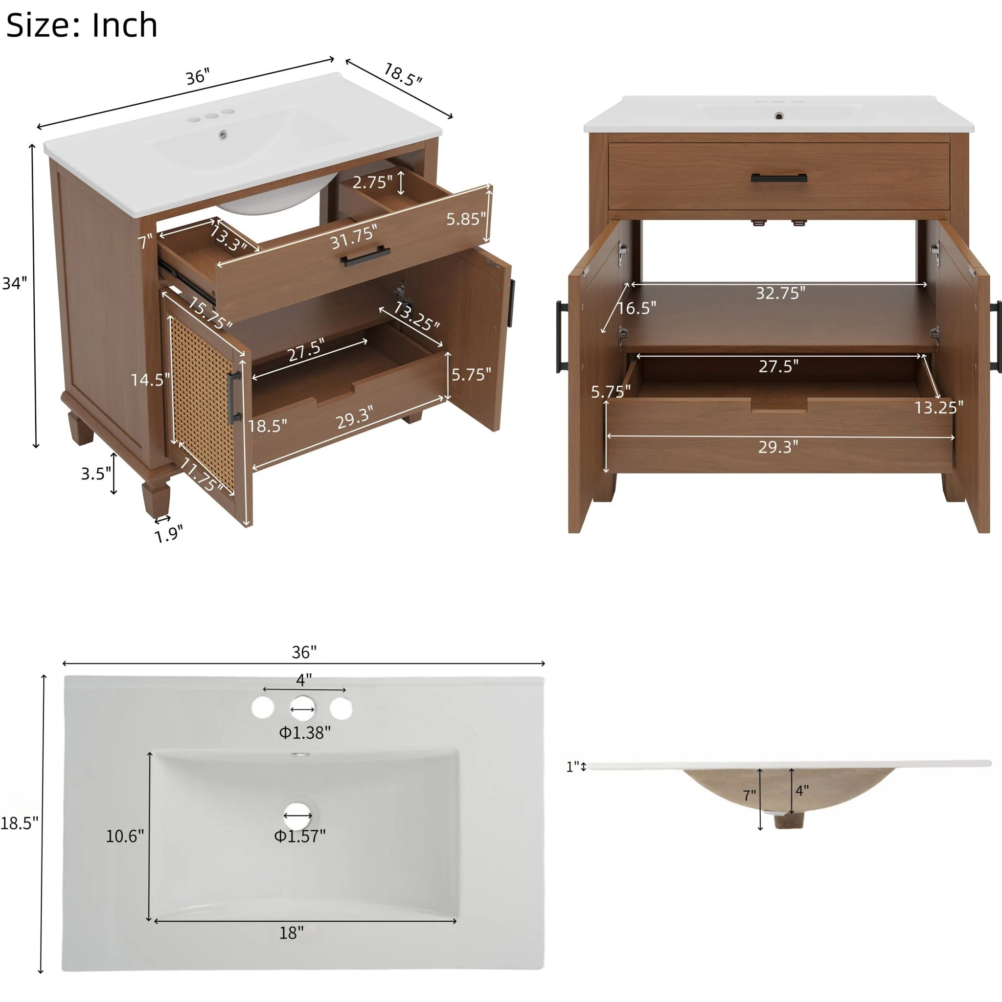 Bathroom Vanity With Ceramic Sink, Modern Free Standing Cabinet With Soft Close Drawers - Image 5