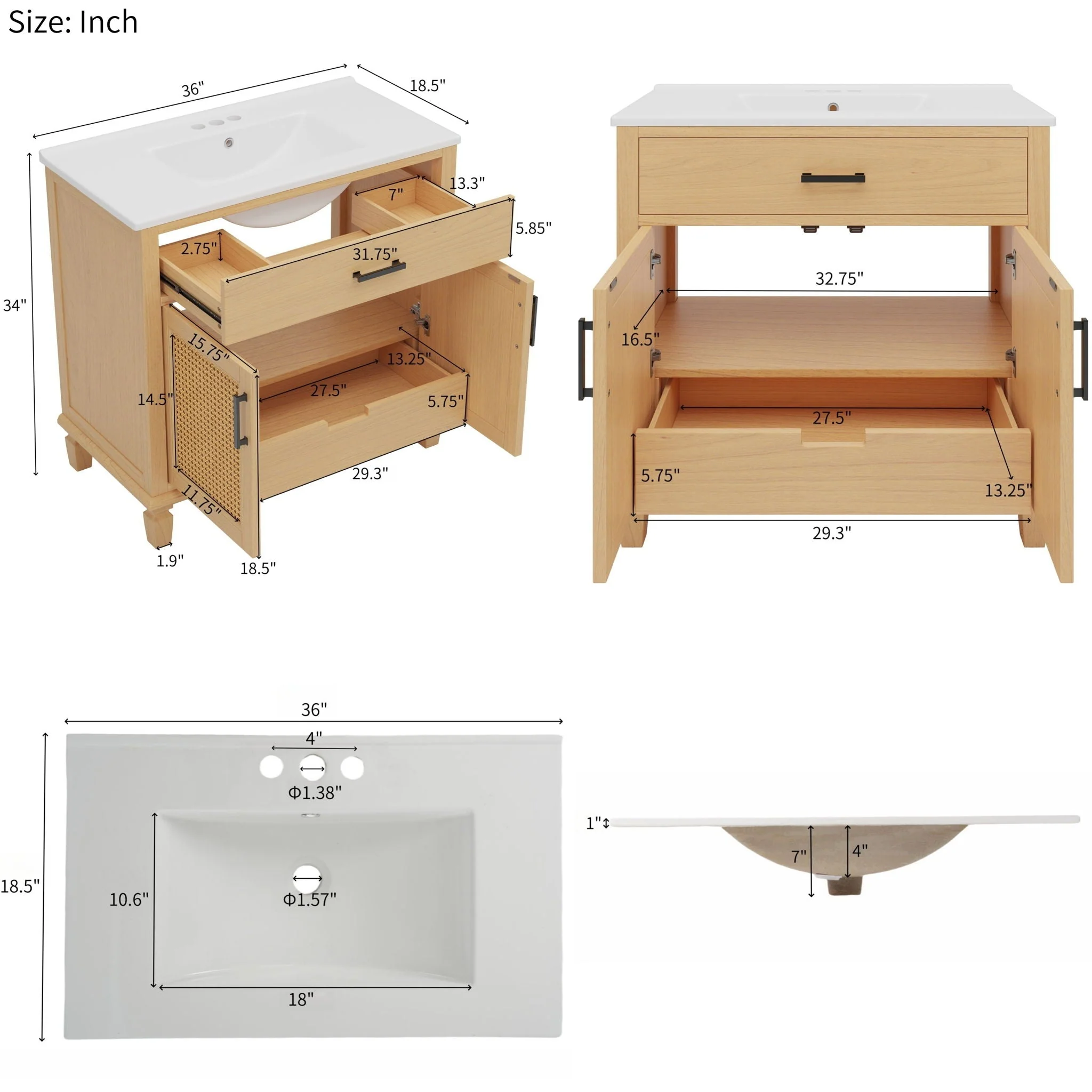 Bathroom Vanity With Ceramic Sink, Modern Free Standing Cabinet With Soft Close Drawers - Image 6