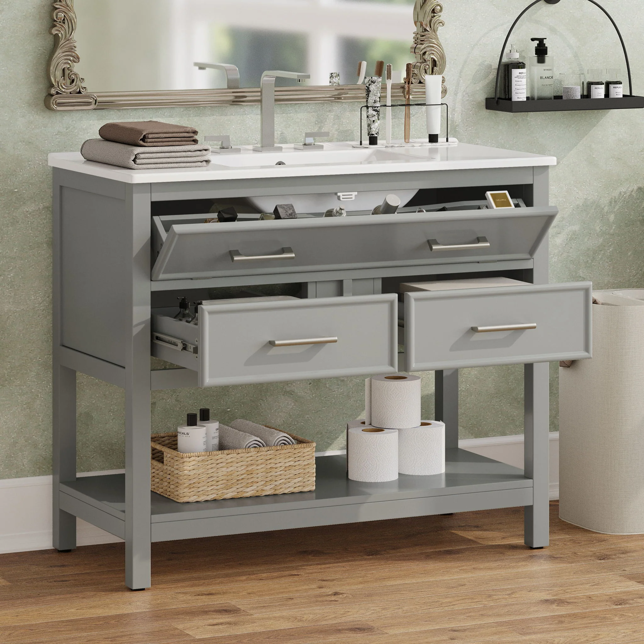 Bathroom Vanity With Ceramic Sink, Tip Out Tray & 2 Full Extension Drawers - Image 12