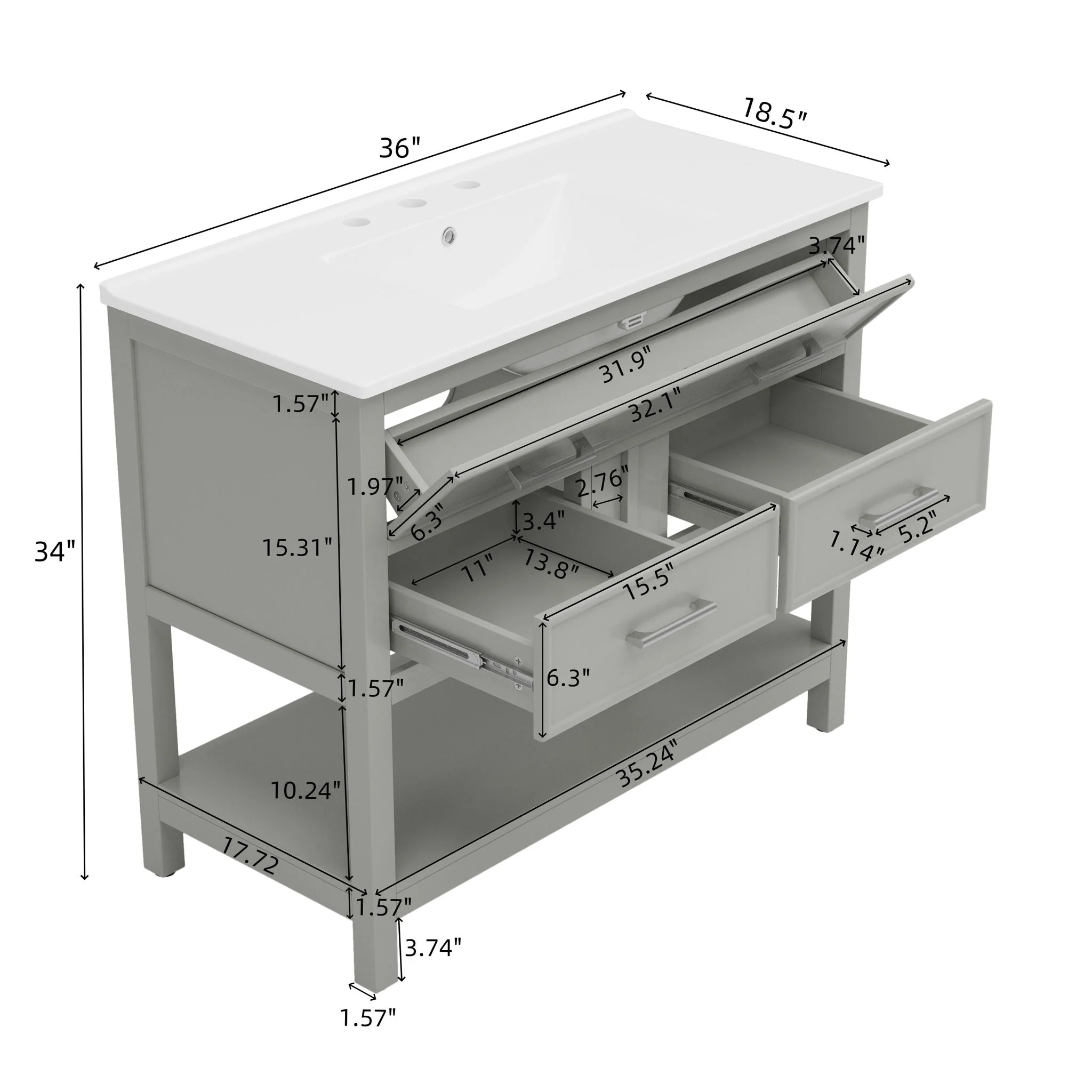 Bathroom Vanity With Ceramic Sink, Tip Out Tray & 2 Full Extension Drawers - Image 4