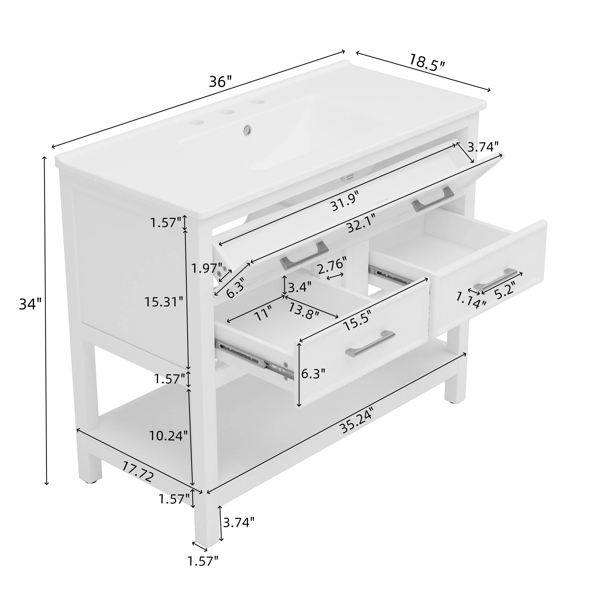 Bathroom Vanity With Ceramic Sink, Tip Out Tray & 2 Full Extension Drawers - Image 5