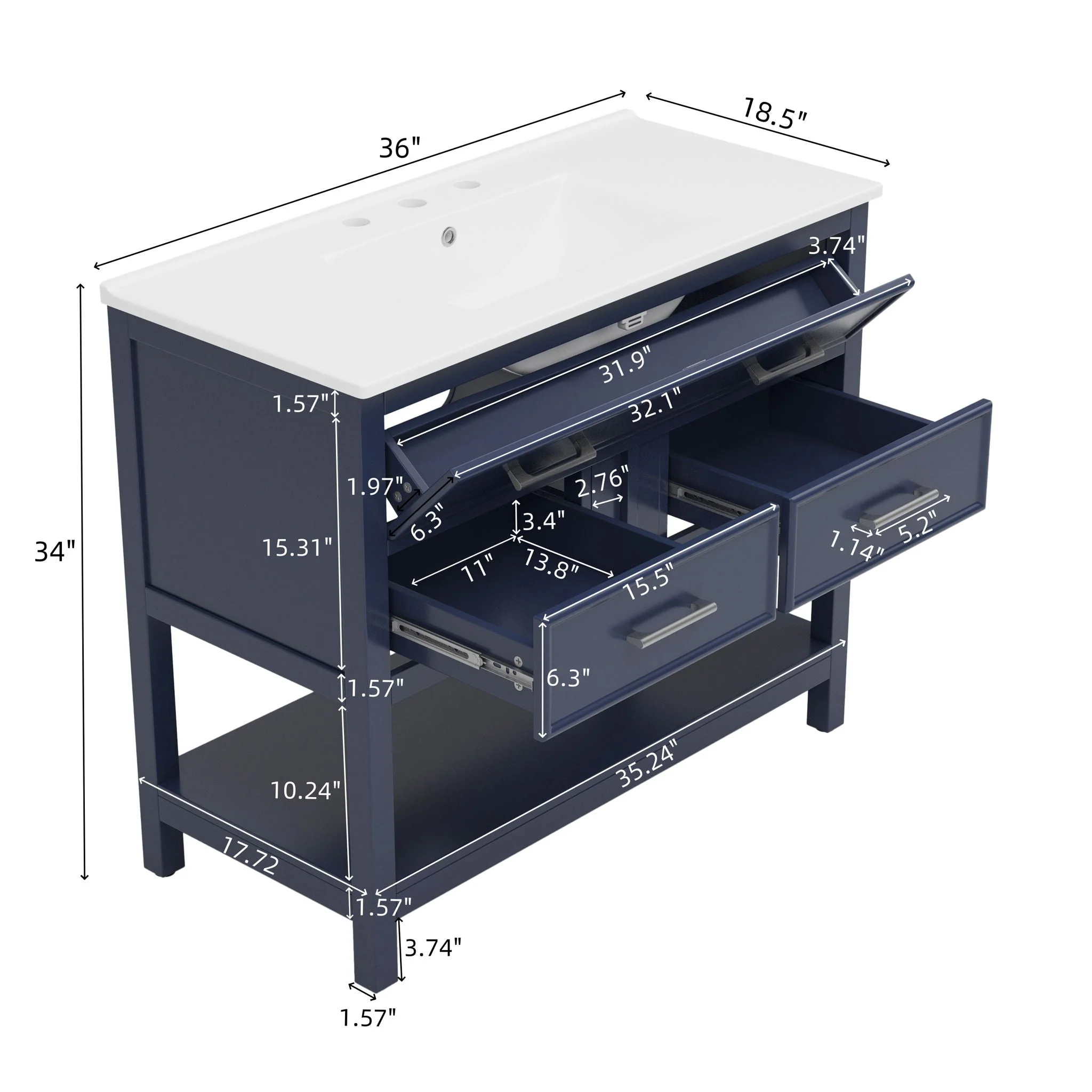 Bathroom Vanity With Ceramic Sink, Tip Out Tray & 2 Full Extension Drawers - Image 6