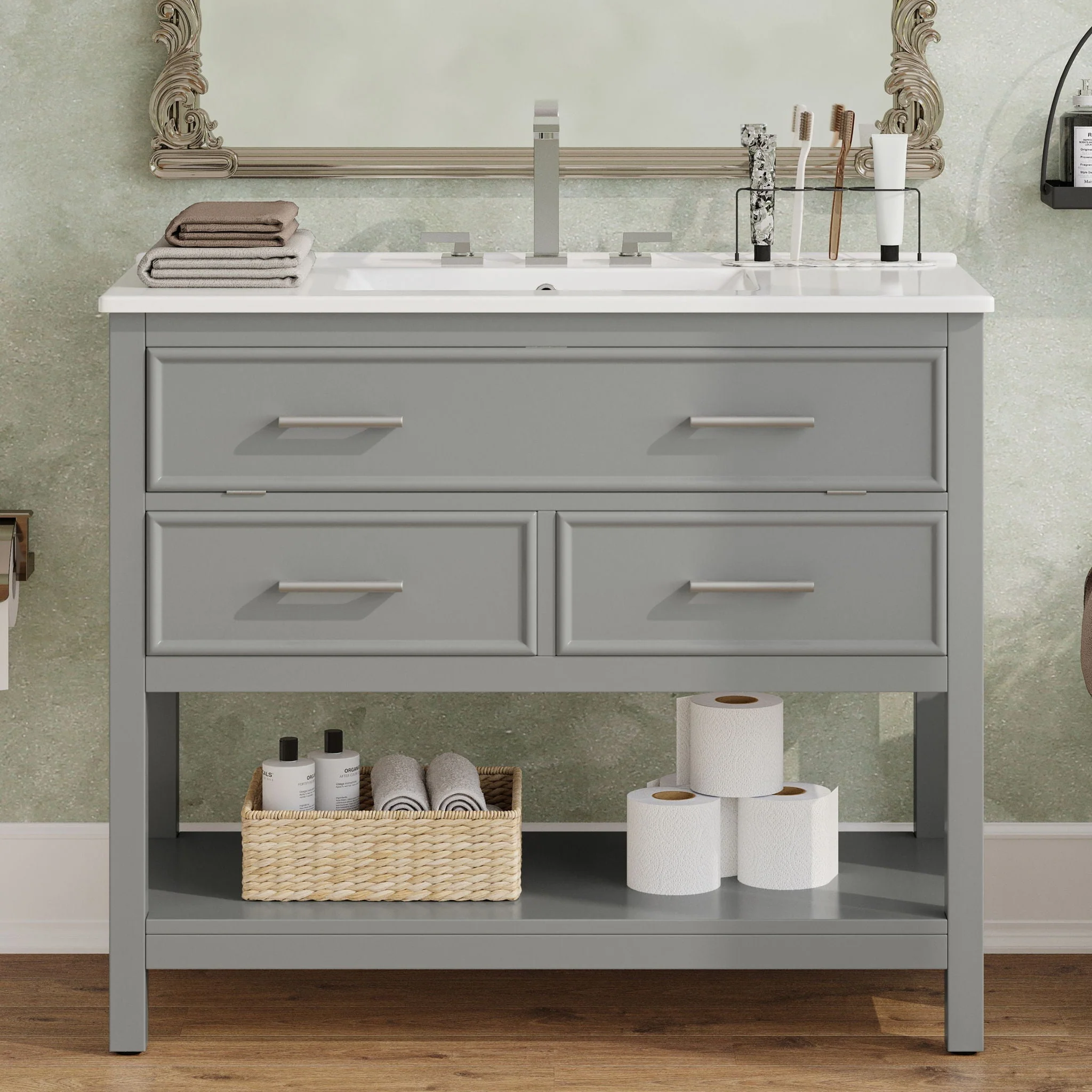 Bathroom Vanity With Ceramic Sink, Tip Out Tray & 2 Full Extension Drawers - Image 7